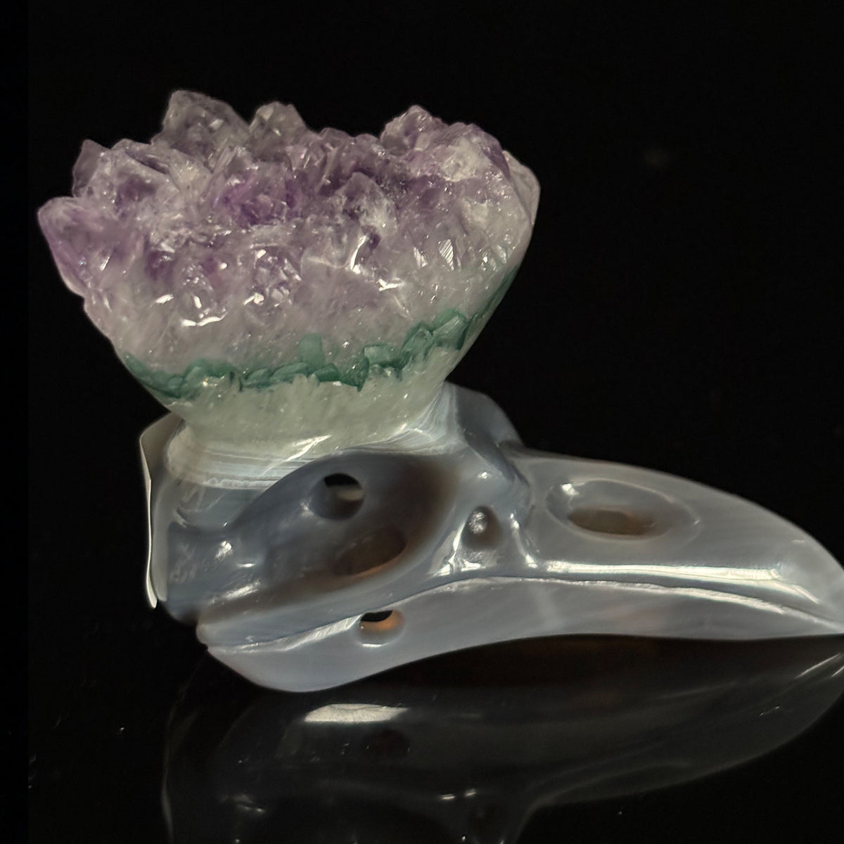 Amethyst Cluster Raven skull sculpture