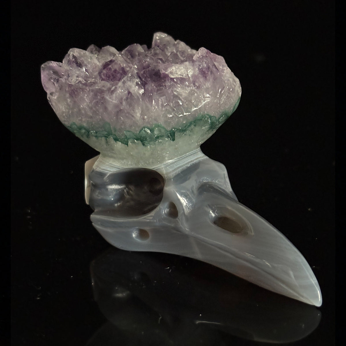 Amethyst Cluster Raven skull sculpture