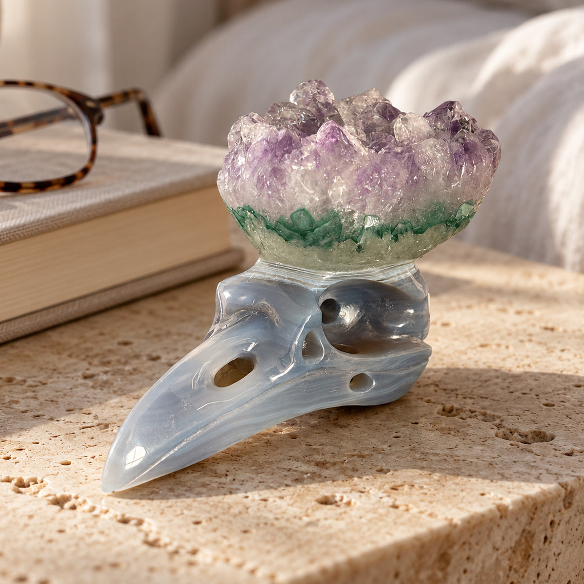 Amethyst Cluster Raven skull sculpture