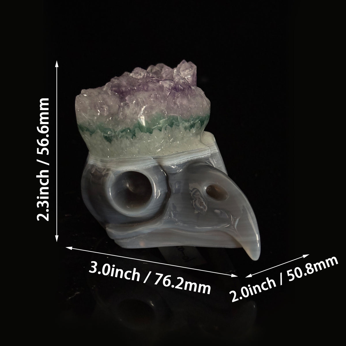 3-inch Amethyst Cluster Owl skull sculpture with size measurements