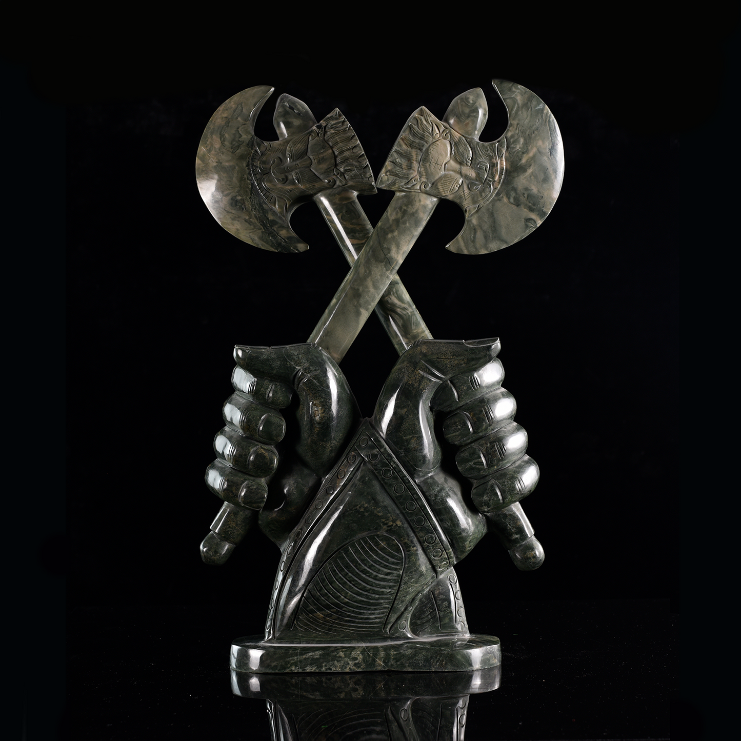 ‘Warlord’s Vow’ - Nine Dragon Jasper Armored Hands with Crossed Axes · Specimen No. 06
