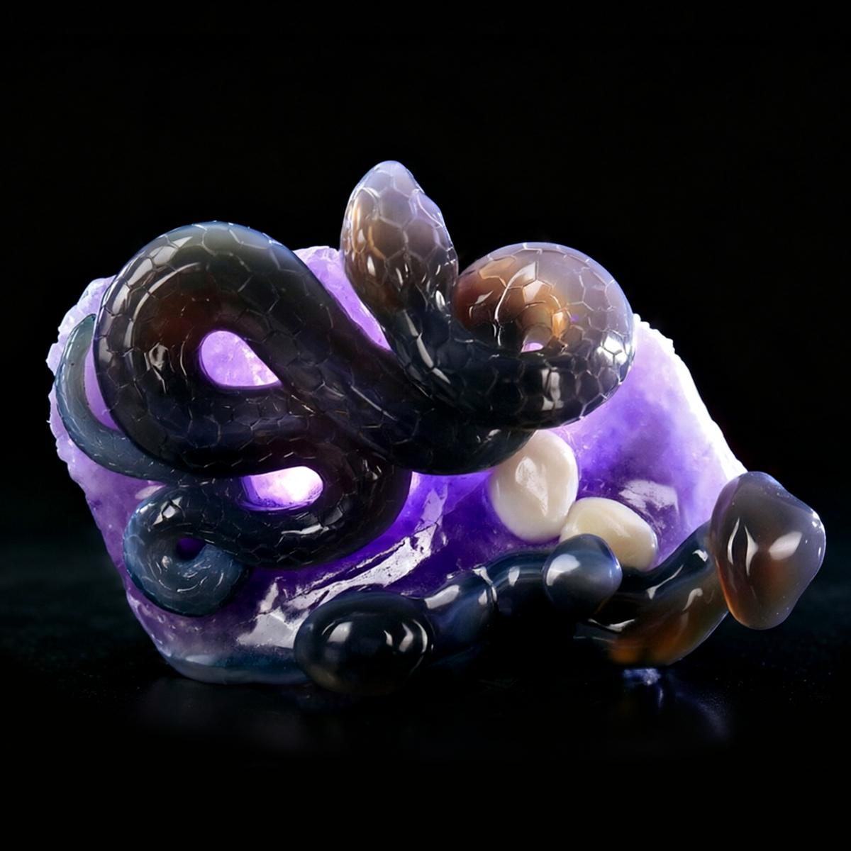 ‘The Violet Citadel’ - Coiled Banded Agate Sentinel in Raw Amethyst Cave · Specimen No. 28