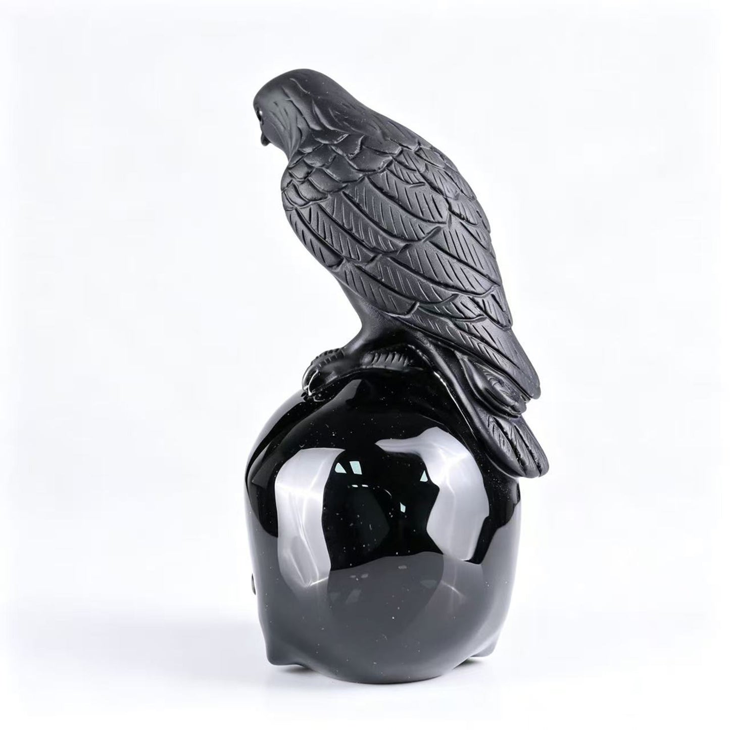 Black Obsidian Crystal Skull with Raven