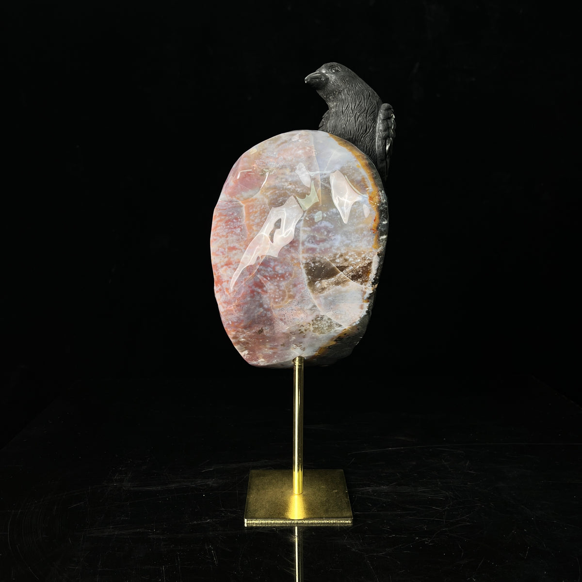 The Twofold Witness — Indian Agate Human Skull & Raven Sculpture · Specimen No. 61