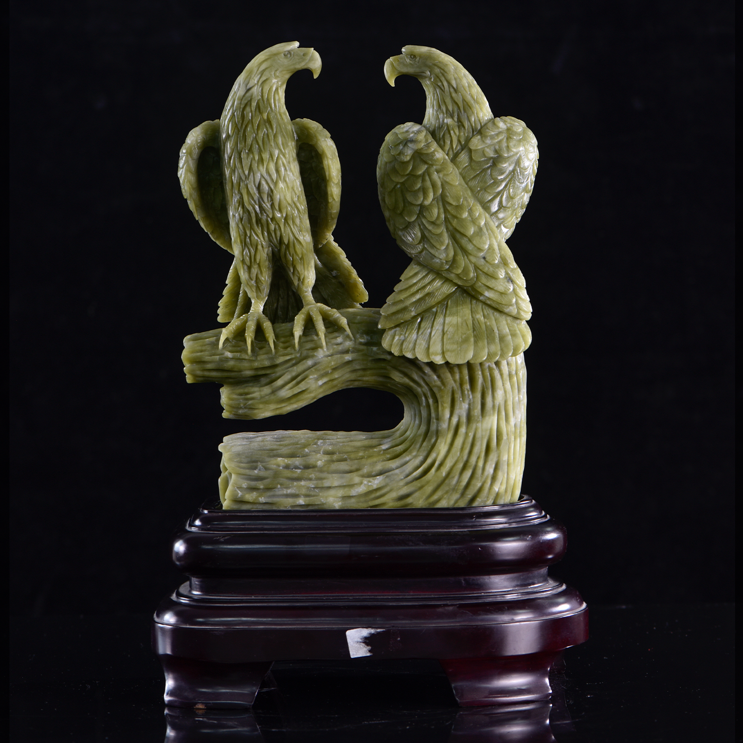 ‘Twin Sovereigns’ - Hand-Carved Serpentine Eagles on Gnarled Branch · Specimen No. 12