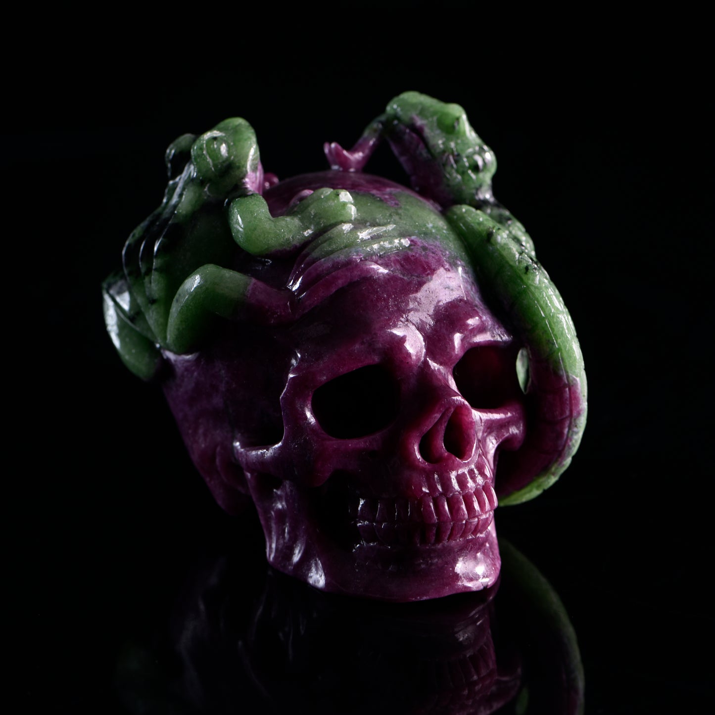 ‘Life & Shadow’ - Ruby in Zoisite Skull with Serpent and Frog · Specimen No. 19
