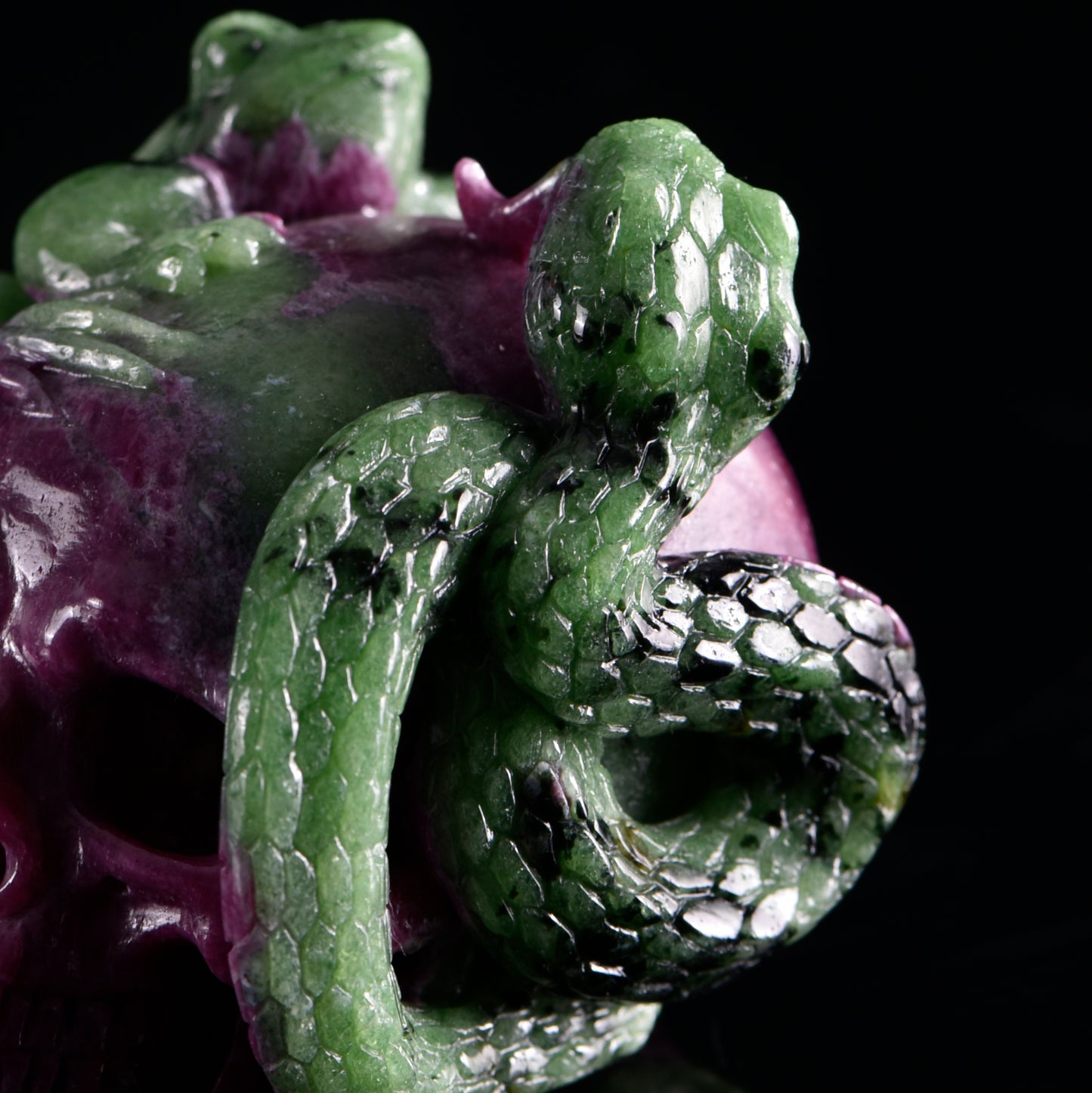 ‘Life & Shadow’ - Ruby in Zoisite Skull with Serpent and Frog · Specimen No. 19