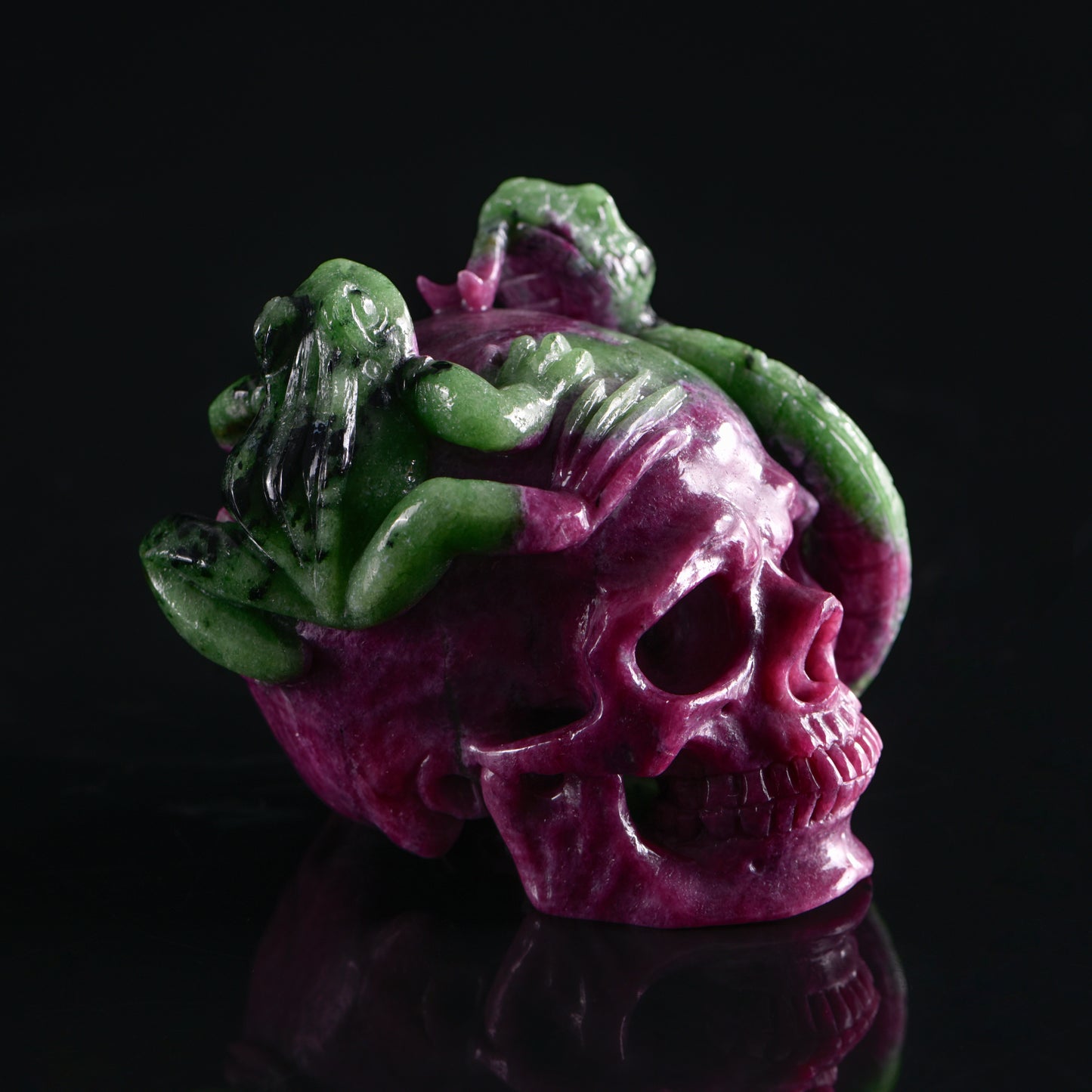 ‘Life & Shadow’ - Ruby in Zoisite Skull with Serpent and Frog · Specimen No. 19
