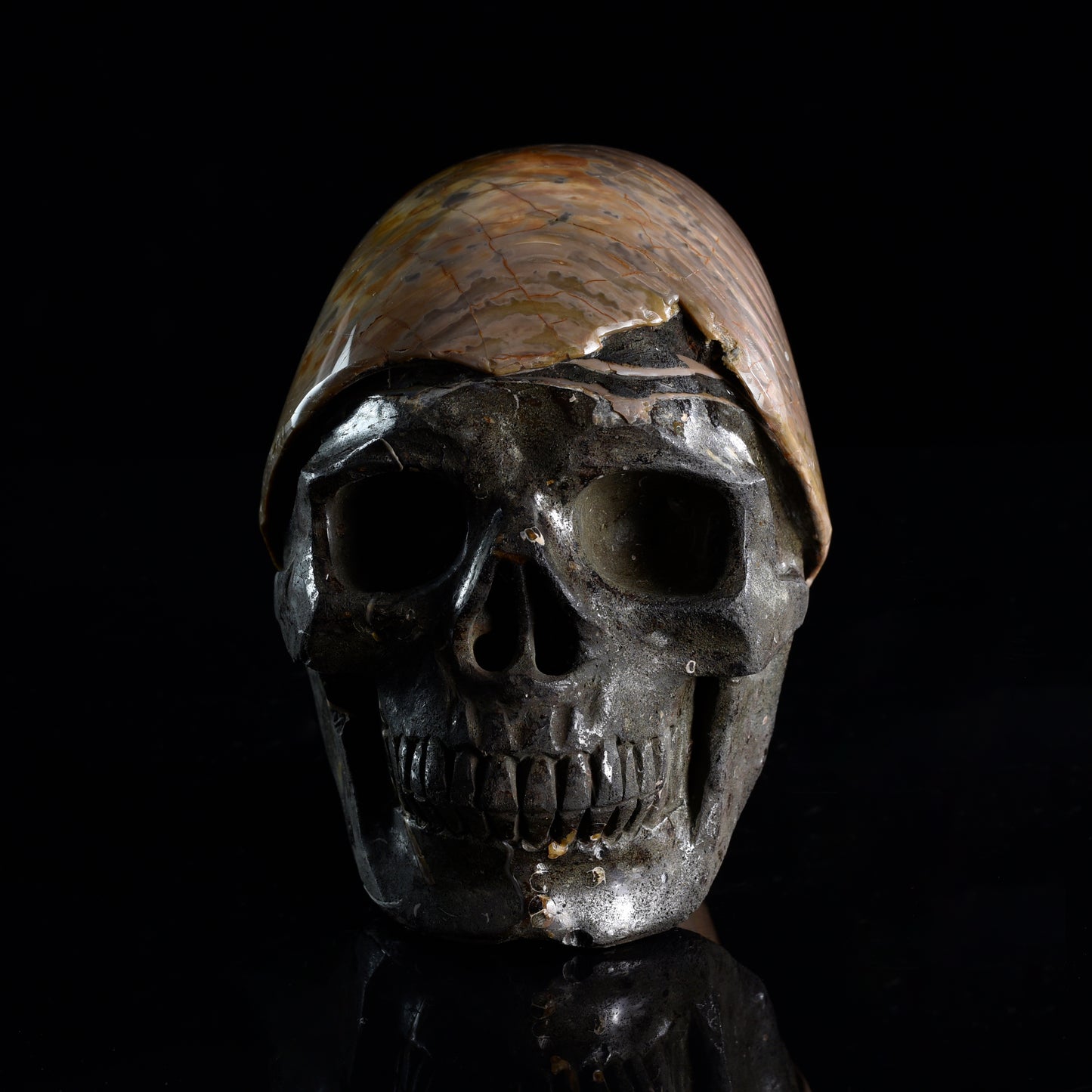 ‘Ocean’s Memory’ - Iridescent Ammonite Fossil with Carved Skull · Specimen No. 20