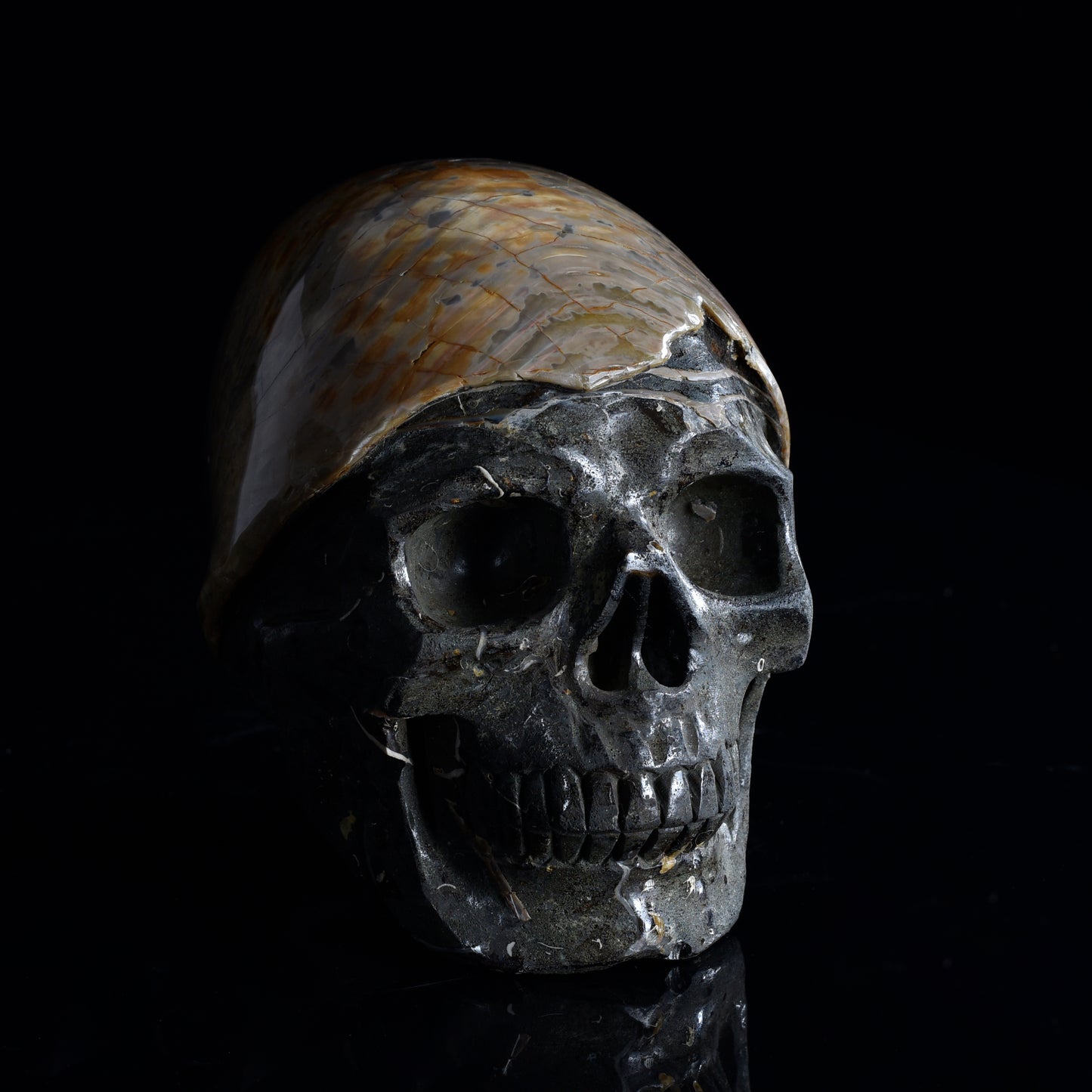 ‘Ocean’s Memory’ - Iridescent Ammonite Fossil with Carved Skull · Specimen No. 20