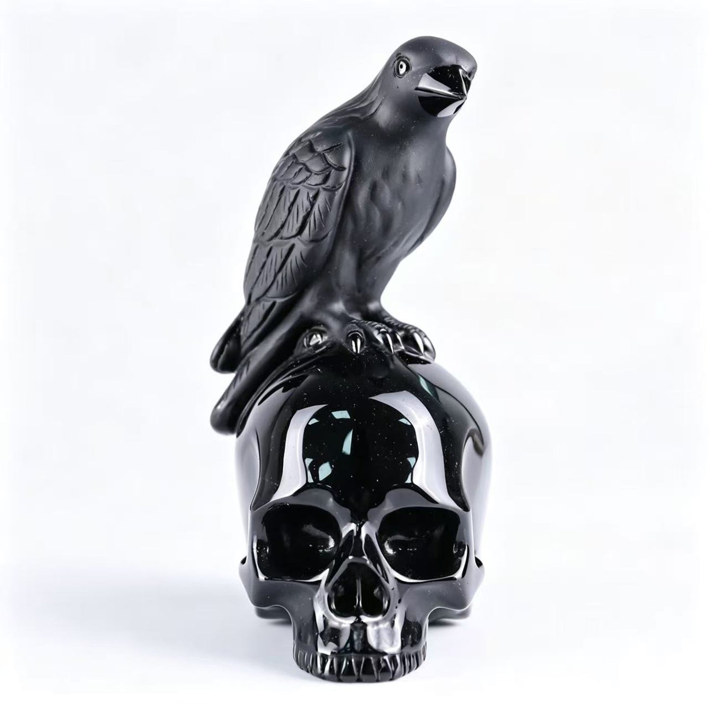 Black Obsidian Crystal Skull with Raven