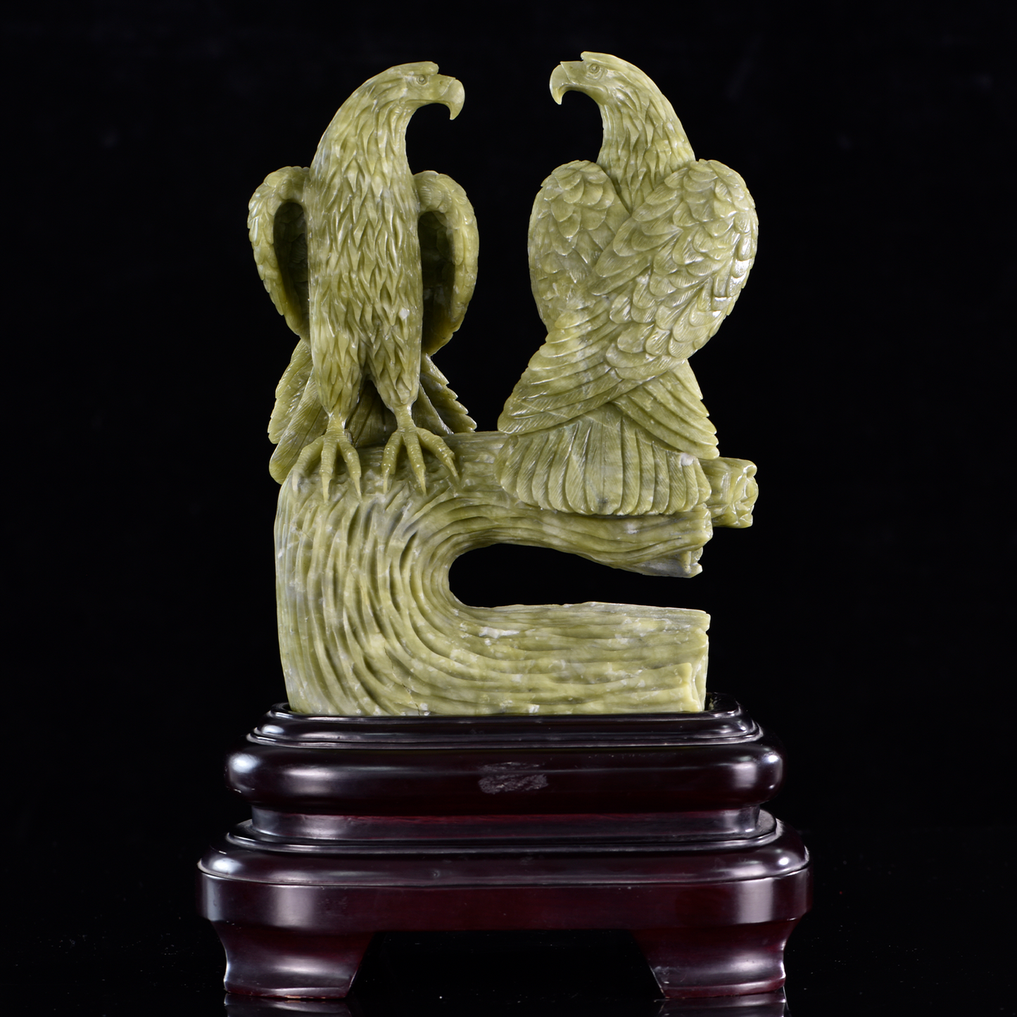 ‘Twin Sovereigns’ - Hand-Carved Serpentine Eagles on Gnarled Branch · Specimen No. 12