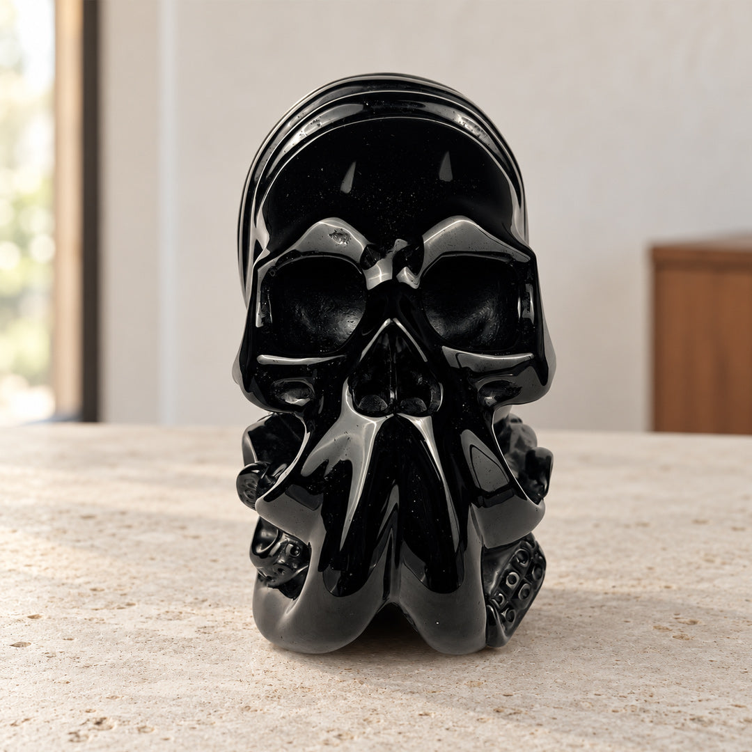Black Obsidian Ammonite Octopus Skull