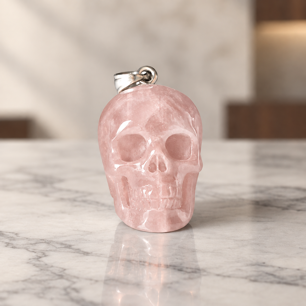 Rose Quartz Human Skull Pendant