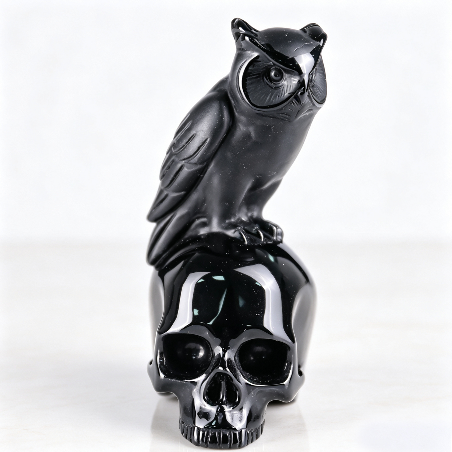 4" Black Obsidian Crystal Skull with Owl