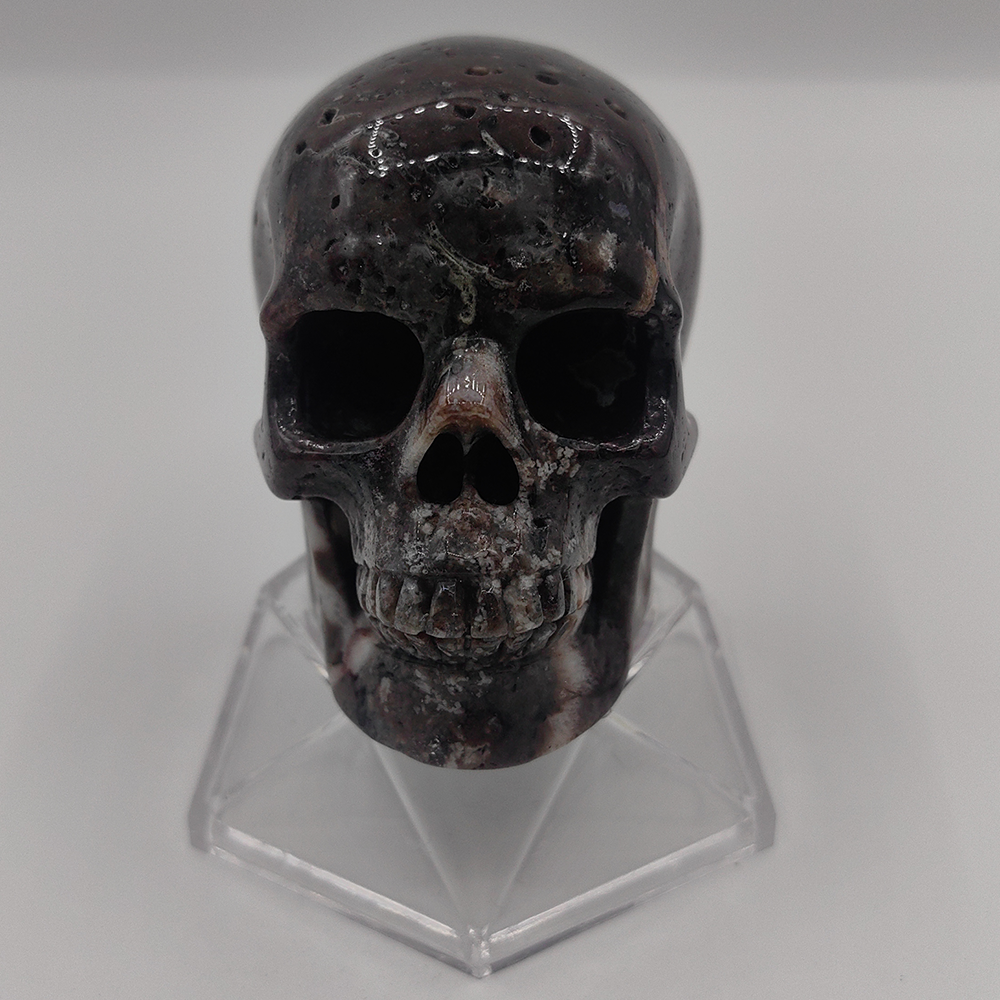 3 Zoll großer, handgeschnitzter Totenkopf aus rotem Crazy Lace Achat-Kristall – Naturstein