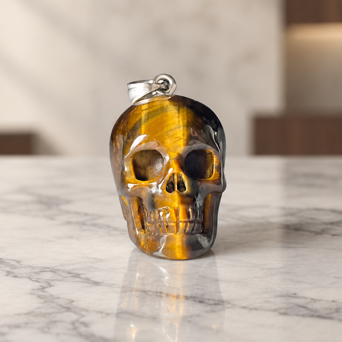 Tiger Eye Stone Human Skull Pendent
