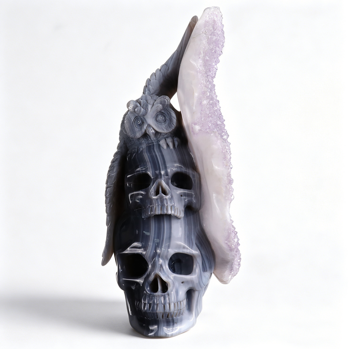 ‘The Owl of Minerva’ - Hand-Carved Agate Owl and Stacked Skulls on Amethyst Druzy Slab · Specimen No. 11