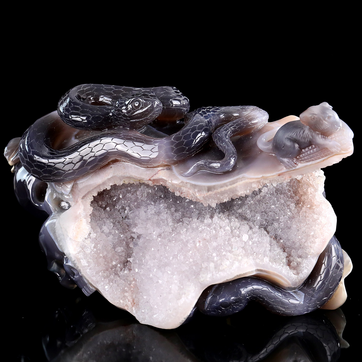 'The Silent Stare’ - Agate Serpent and Mouse on Quartz Geode · Specimen No. 21