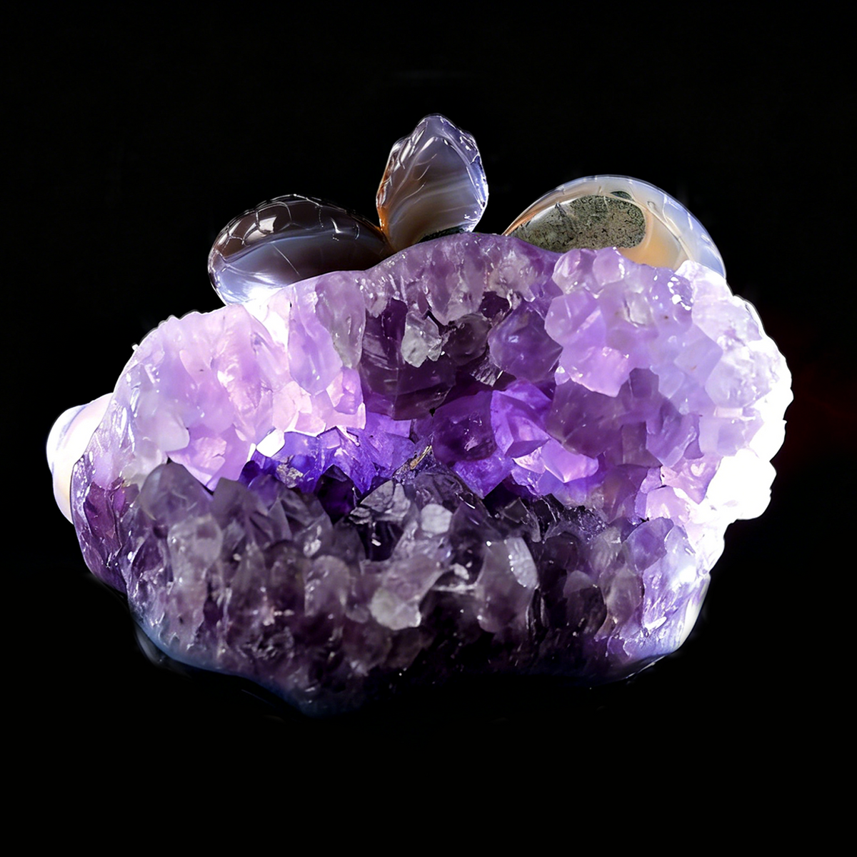 ‘The Violet Citadel’ - Coiled Banded Agate Sentinel in Raw Amethyst Cave · Specimen No. 28