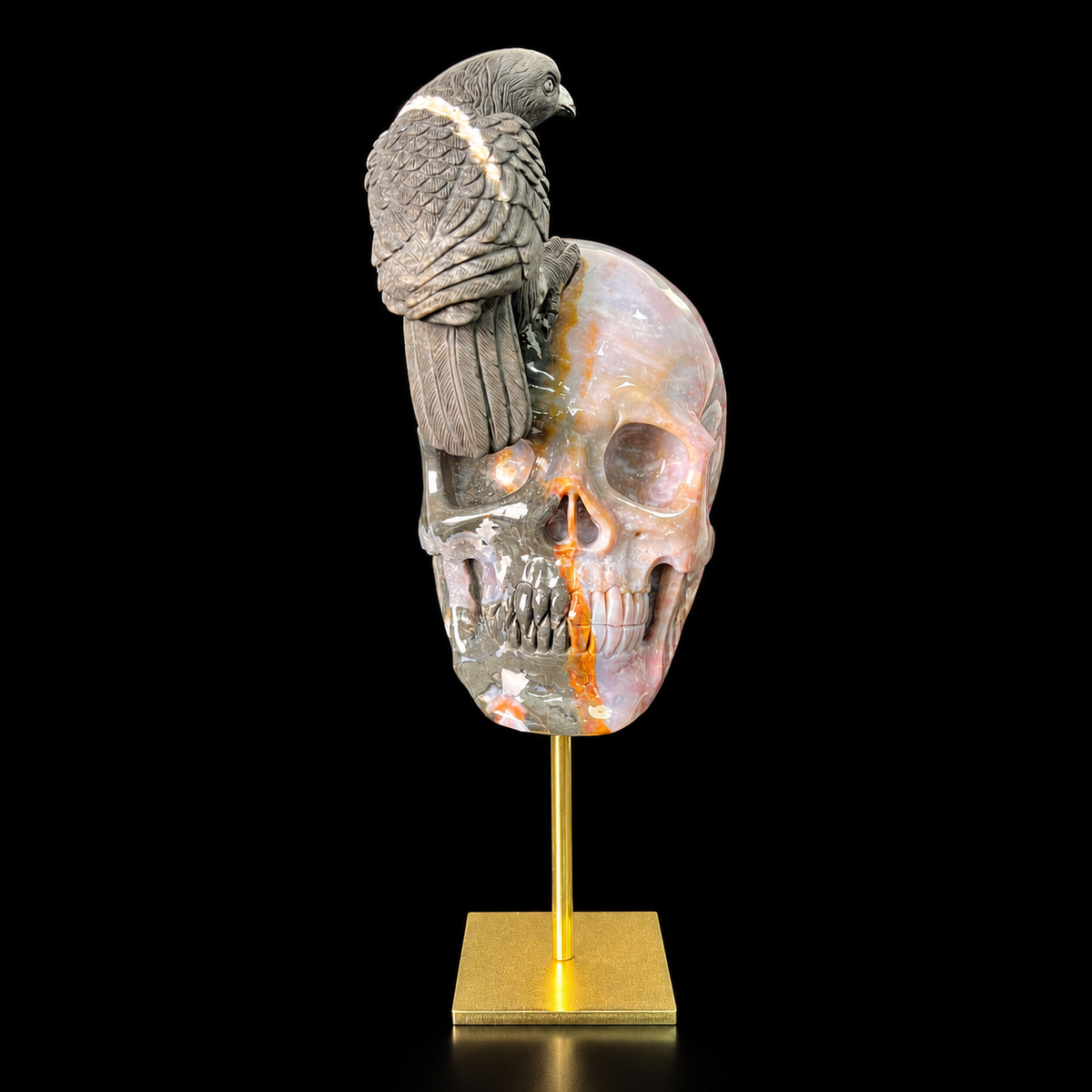 The Twofold Witness — Indian Agate Human Skull & Raven Sculpture · Specimen No. 61