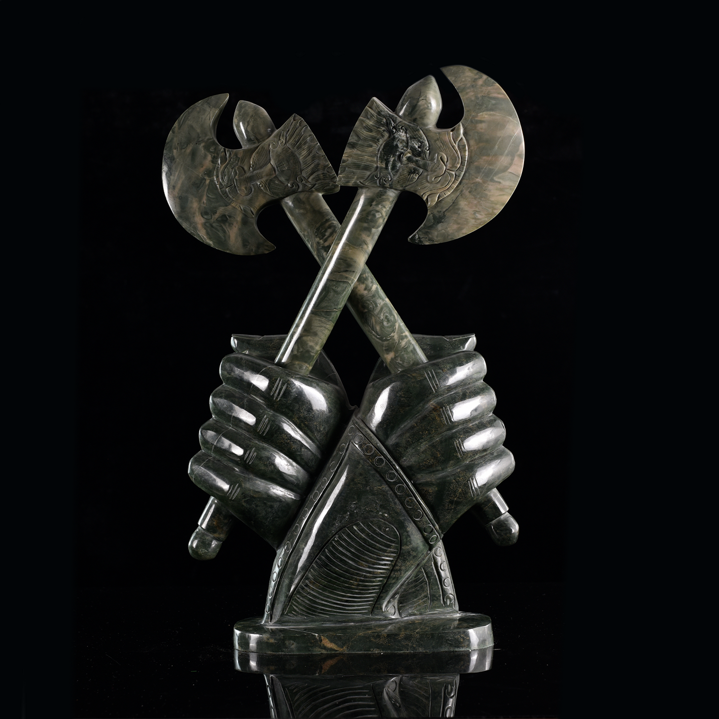 ‘Warlord’s Vow’ - Nine Dragon Jasper Armored Hands with Crossed Axes · Specimen No. 06