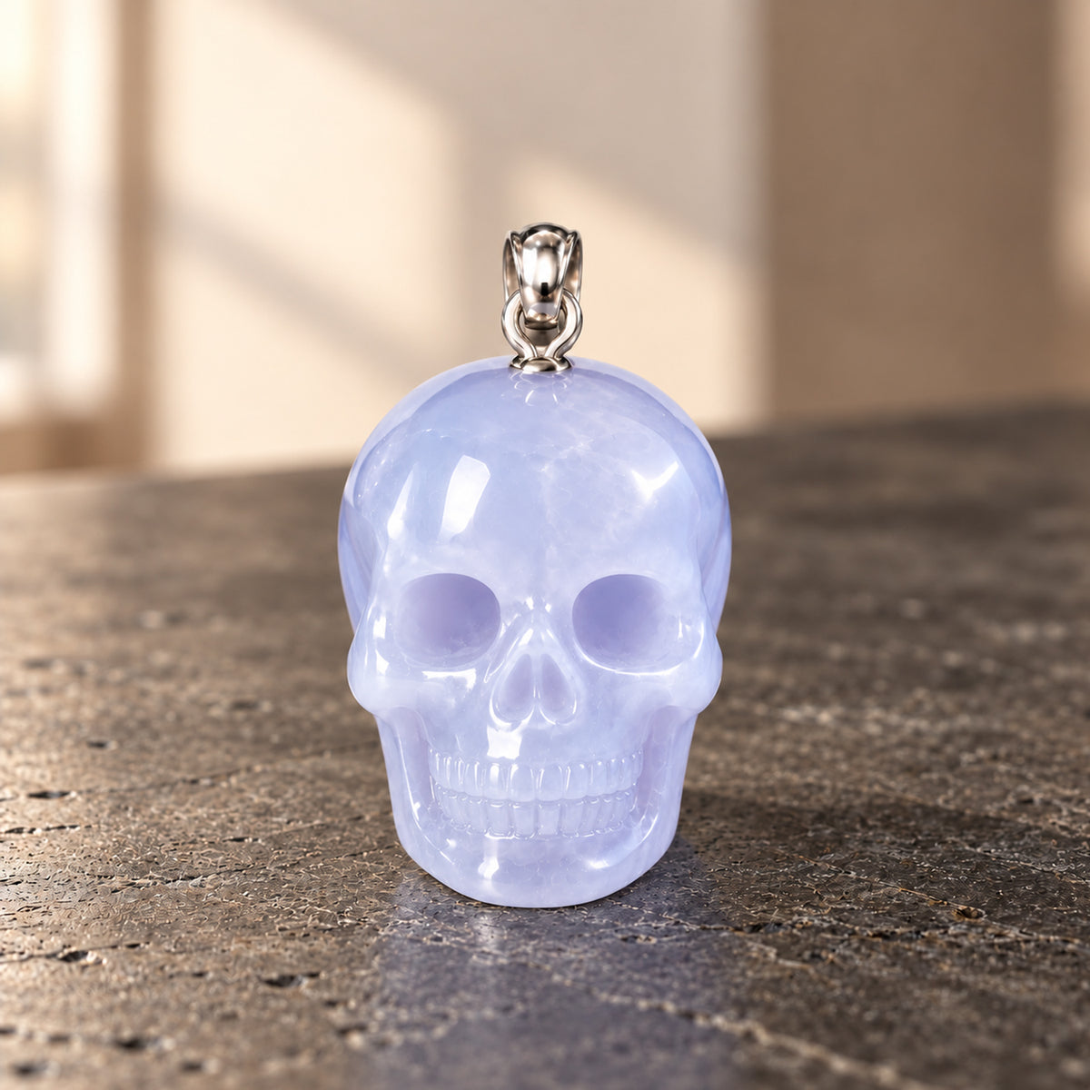 Blue Chalcedony Human Skull Pendant