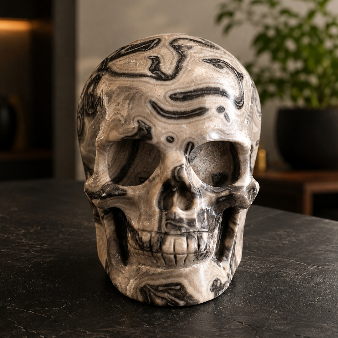 4.5 Inch Black Crazy Lace Agate Crystal Skull – Hand Carved Natural Stone
