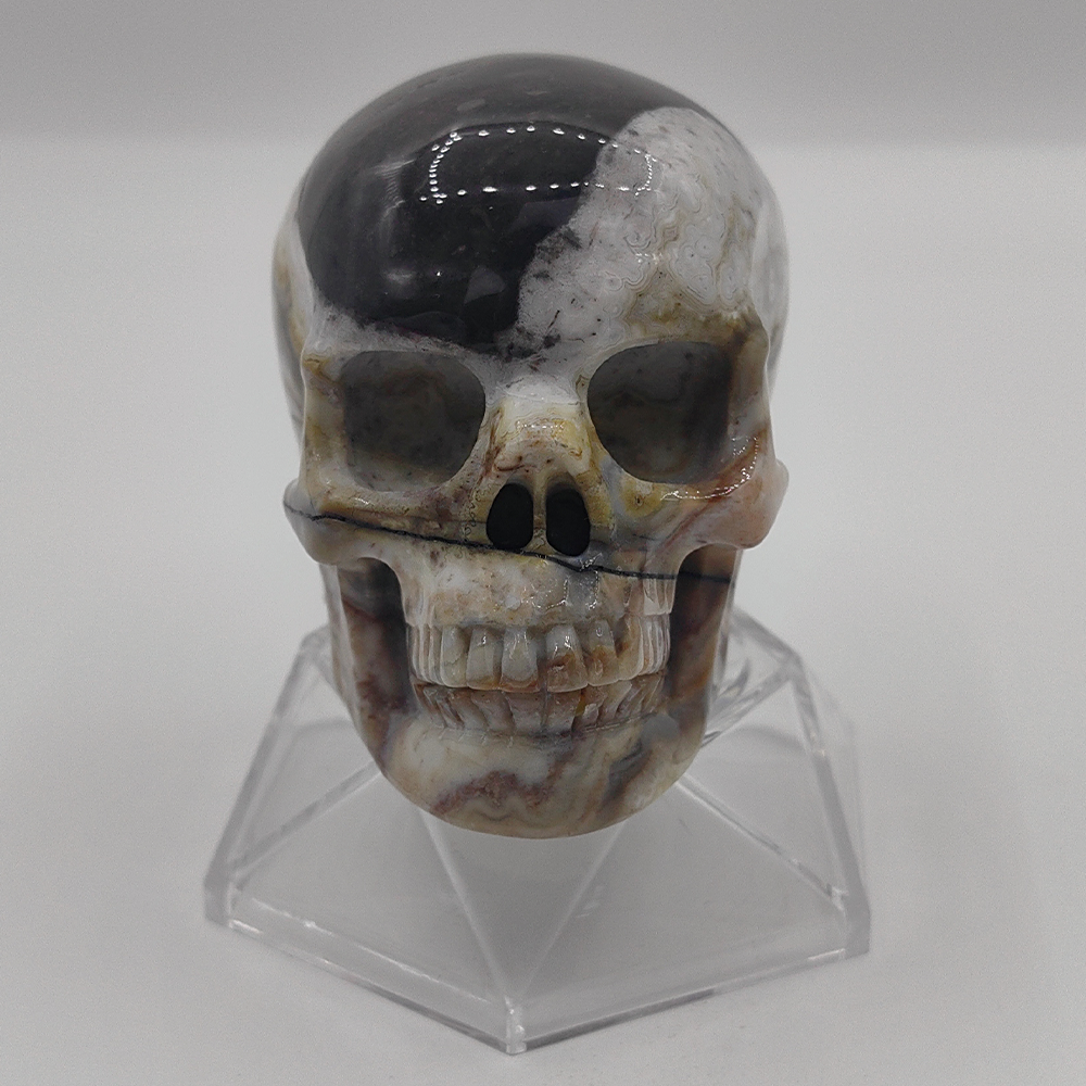 3 Zoll großer, handgeschnitzter Totenkopf aus rotem Crazy Lace Achat-Kristall – Naturstein