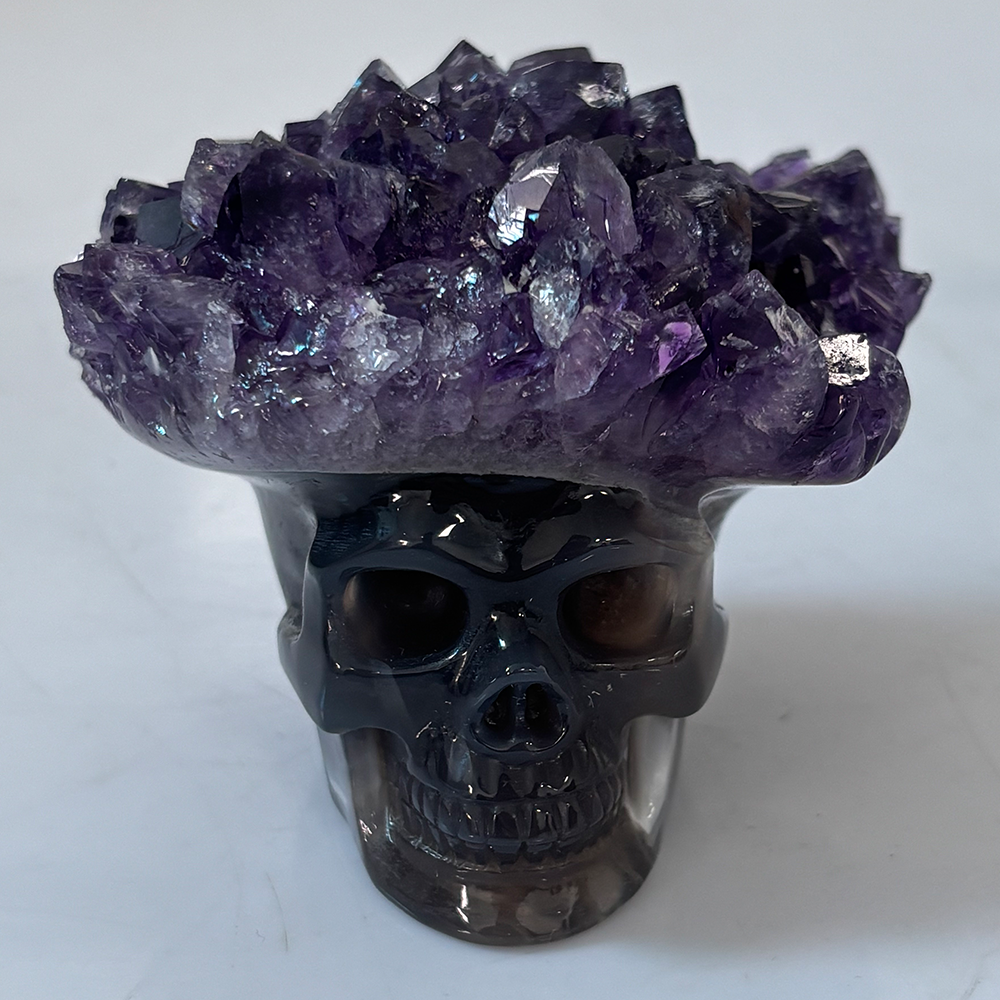 3 inch Amethyst Cluster Crown Crystal Skull - Hand Carved Natrual Crystal