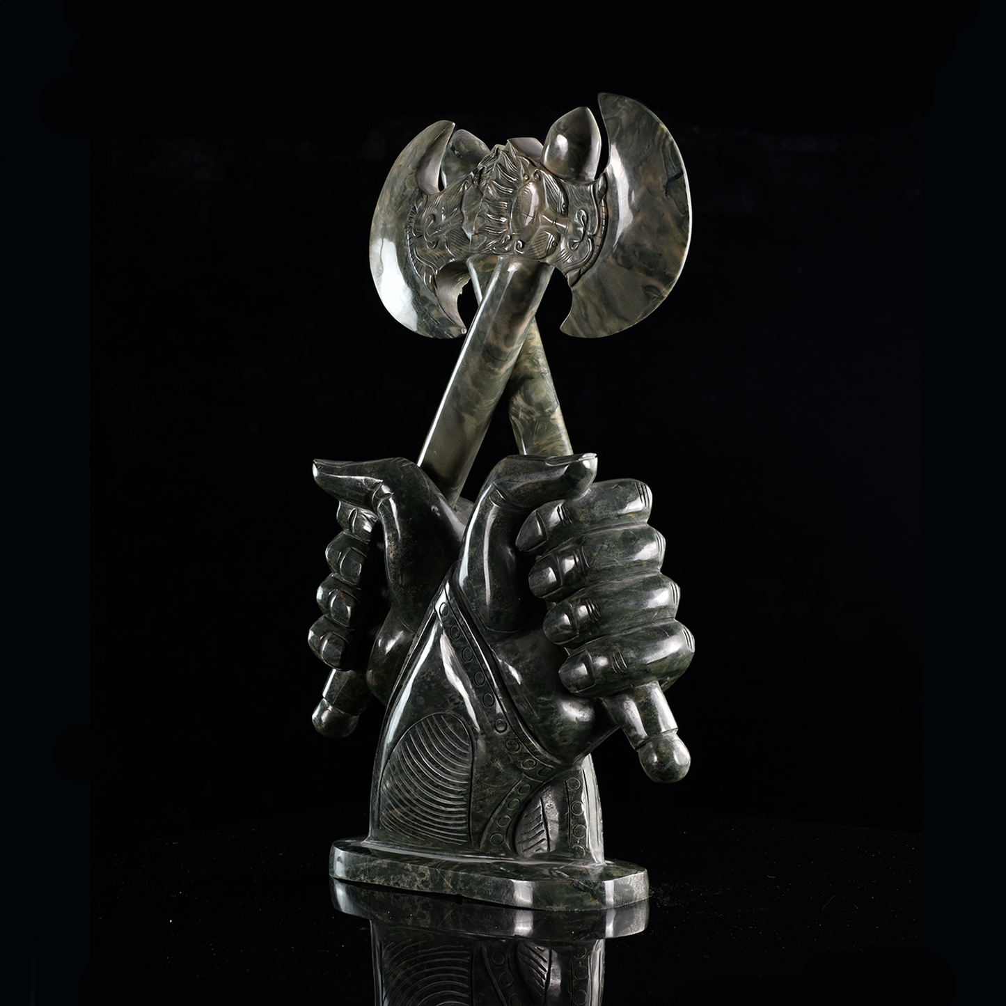 ‘Warlord’s Vow’ - Nine Dragon Jasper Armored Hands with Crossed Axes · Specimen No. 06