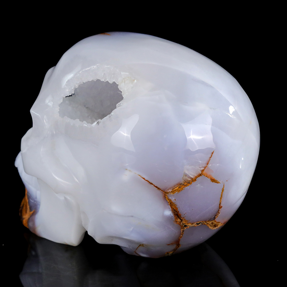 ‘Glacial Sanctum’ - Hand-Carved Ice-Blue Chalcedony Geode Skull · Specimen No. 33