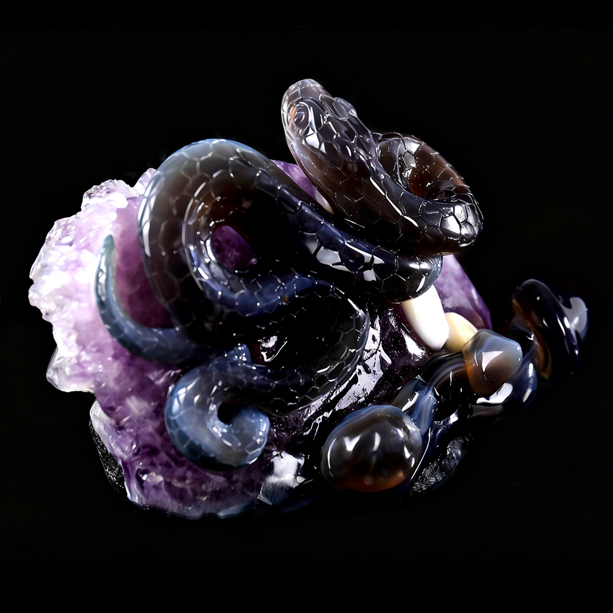 ‘The Violet Citadel’ - Coiled Banded Agate Sentinel in Raw Amethyst Cave · Specimen No. 28