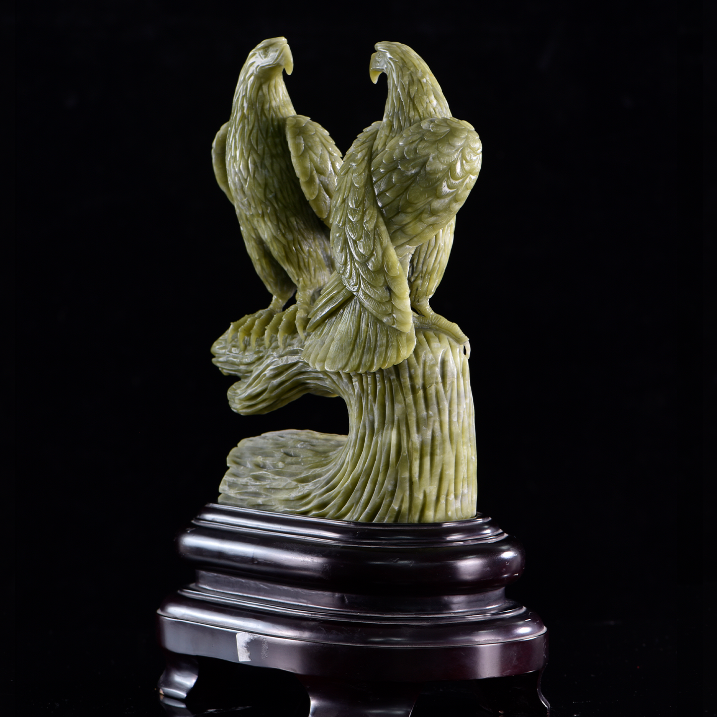 ‘Twin Sovereigns’ - Hand-Carved Serpentine Eagles on Gnarled Branch · Specimen No. 12