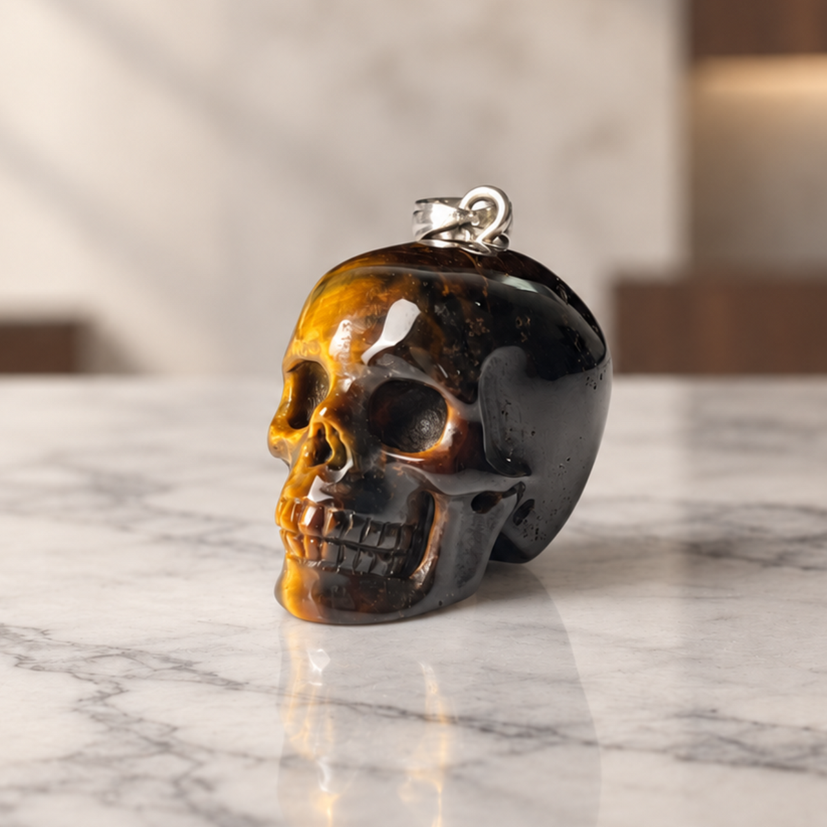 Tiger Eye Stone Human Skull Pendent