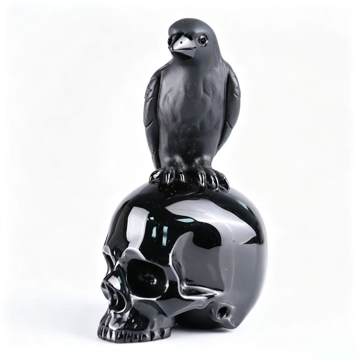 Black Obsidian Crystal Skull with Raven