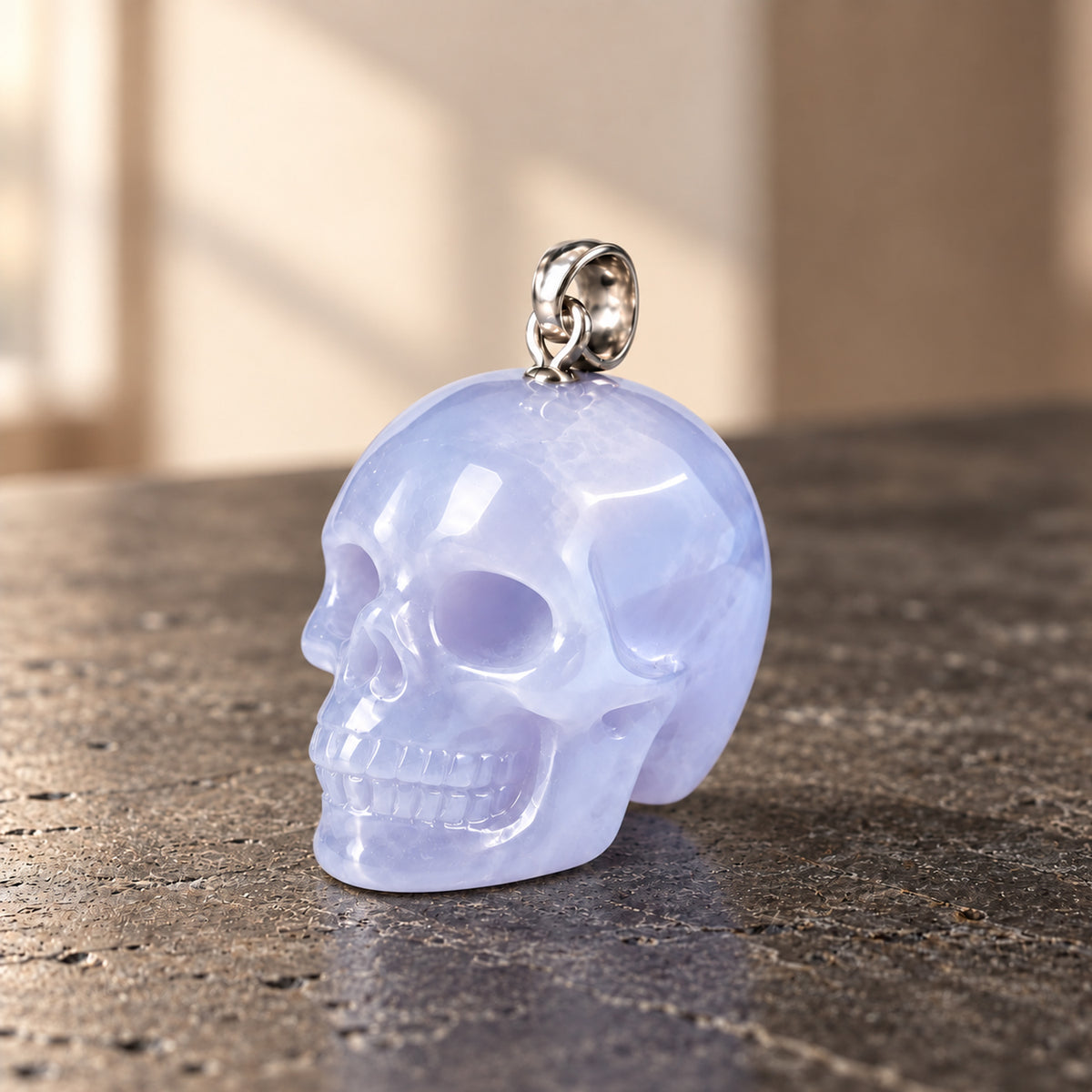 Blue Chalcedony Human Skull Pendant