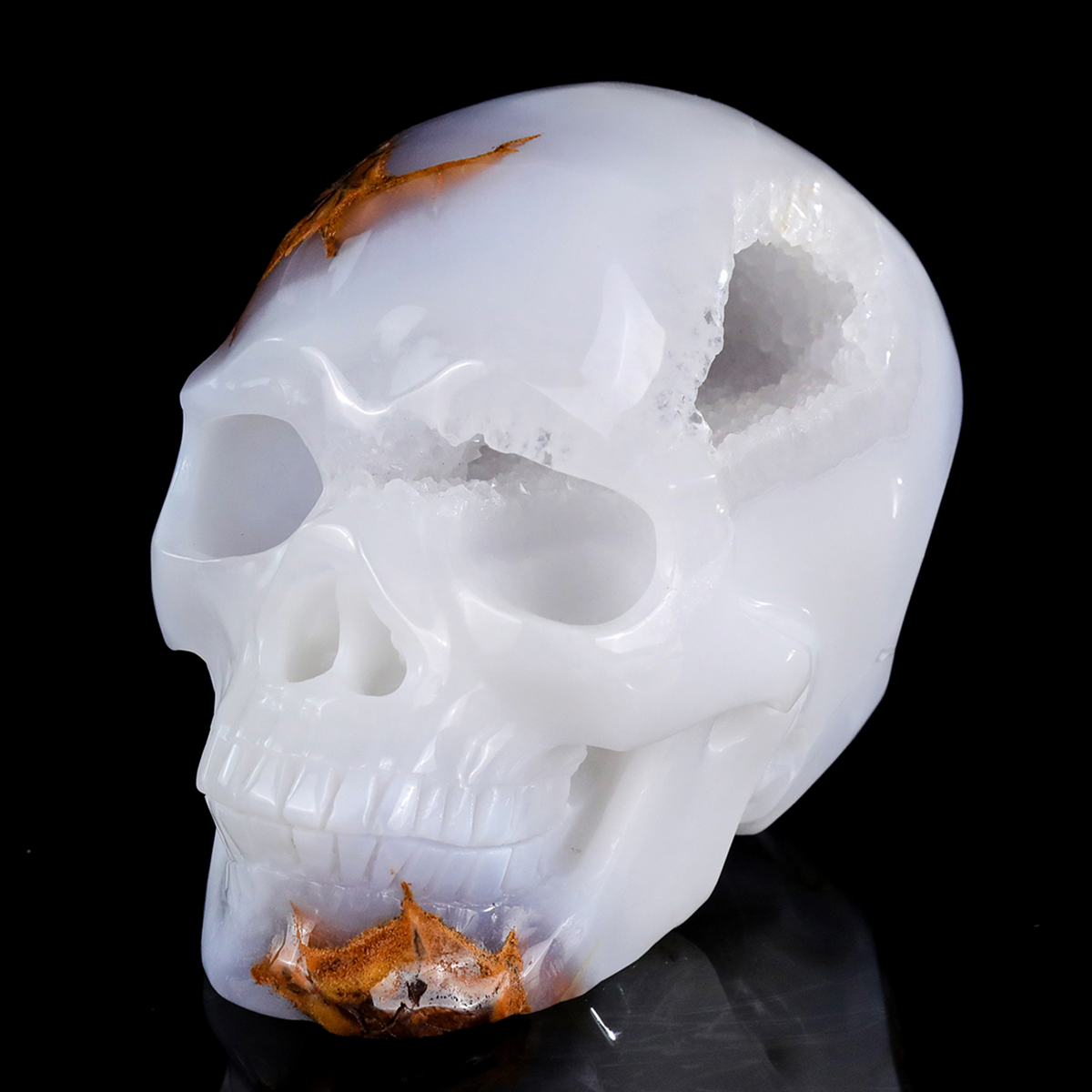 ‘Glacial Sanctum’ - Hand-Carved Ice-Blue Chalcedony Geode Skull · Specimen No. 33
