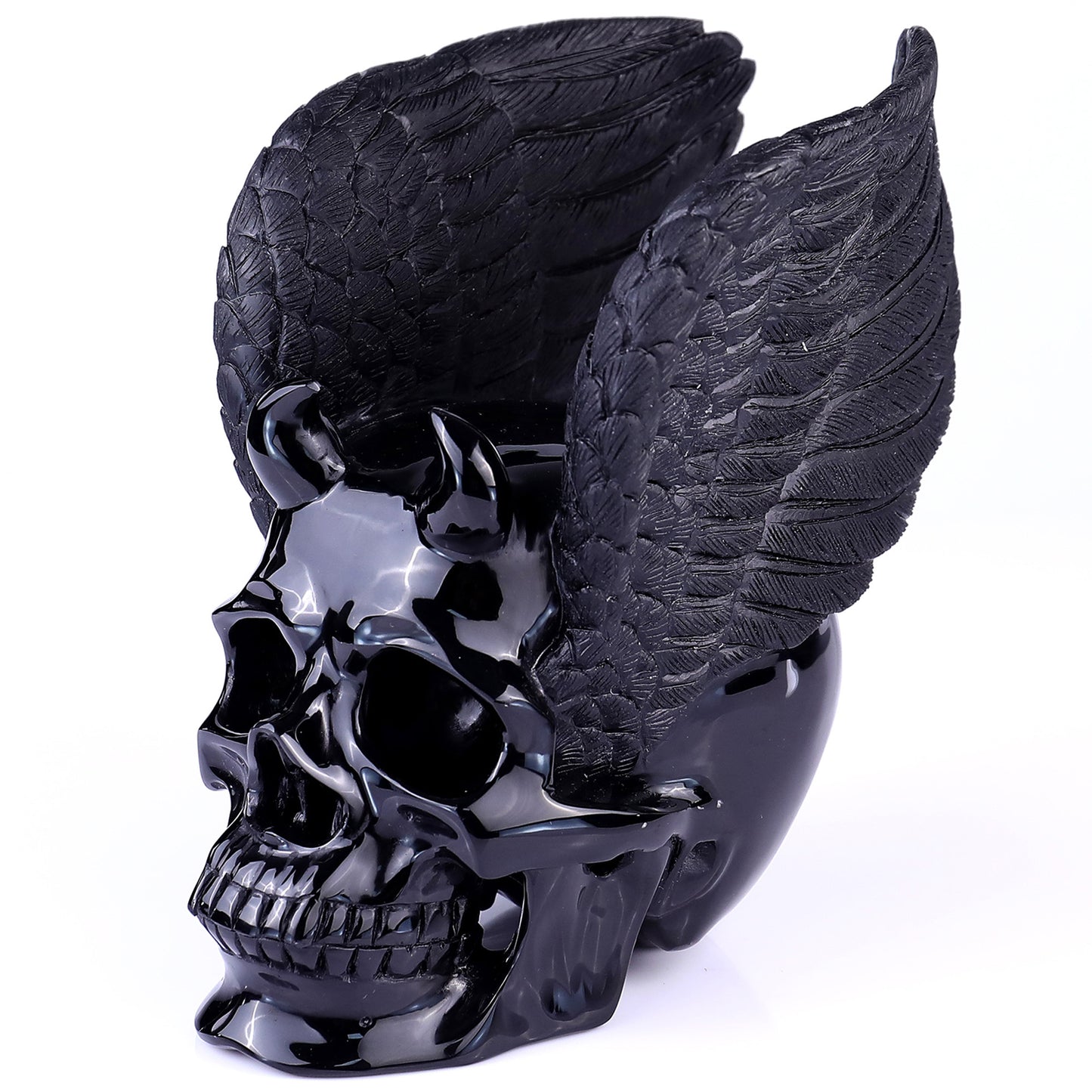 “Fallen Angel” — Black Obsidian Winged Skull · Specimen No. 022
