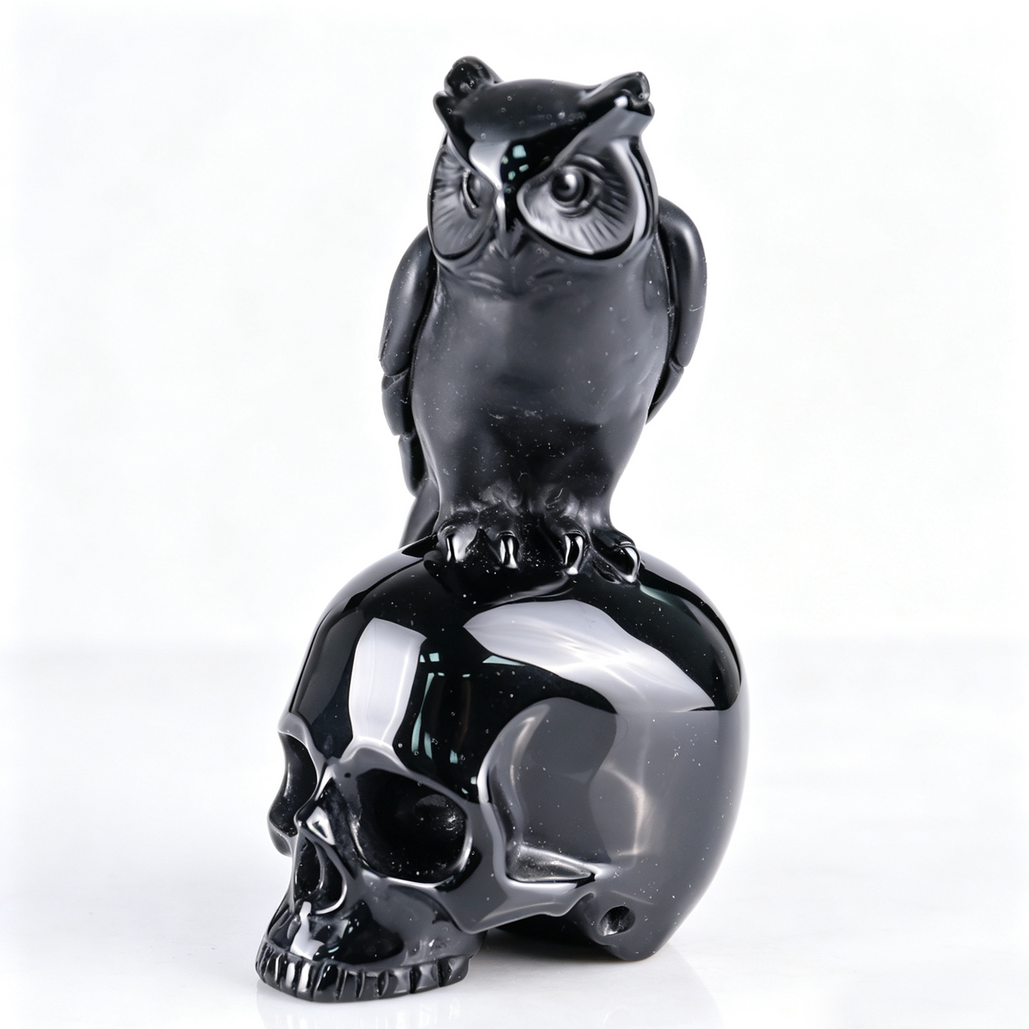 4" Black Obsidian Crystal Skull with Owl