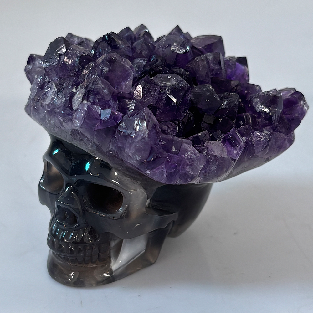 3 inch Amethyst Cluster Crown Crystal Skull - Hand Carved Natrual Crystal