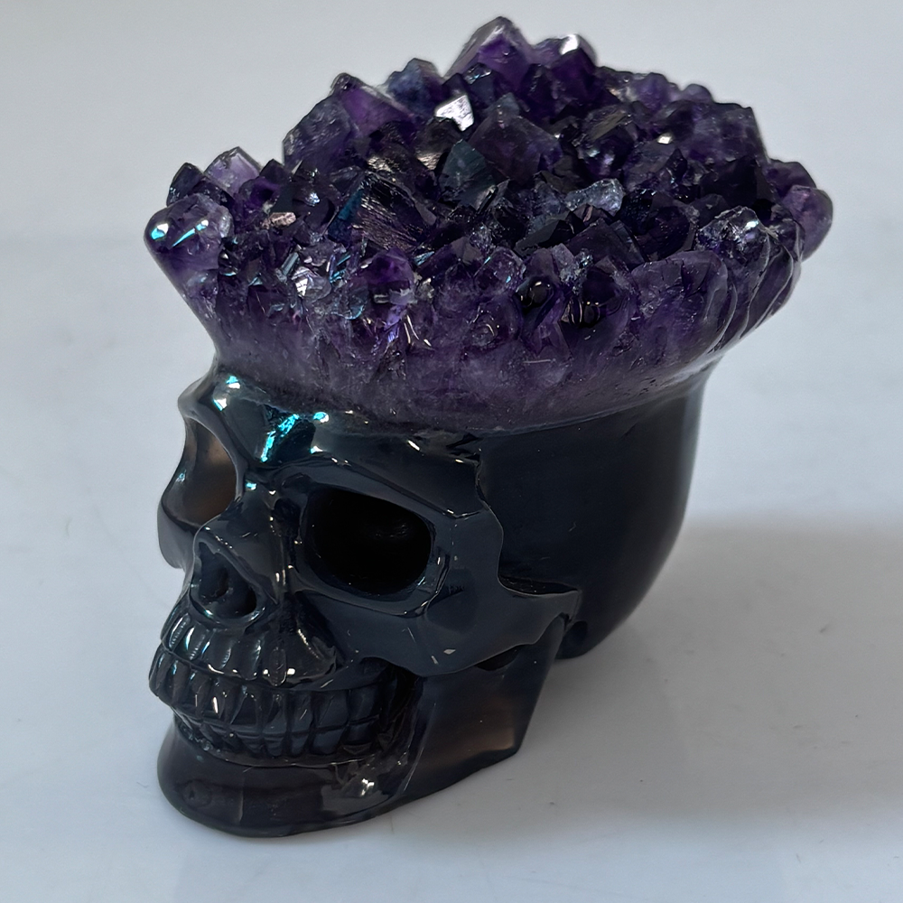 3 inch Amethyst Cluster Crown Crystal Skull - Hand Carved Natrual Crystal