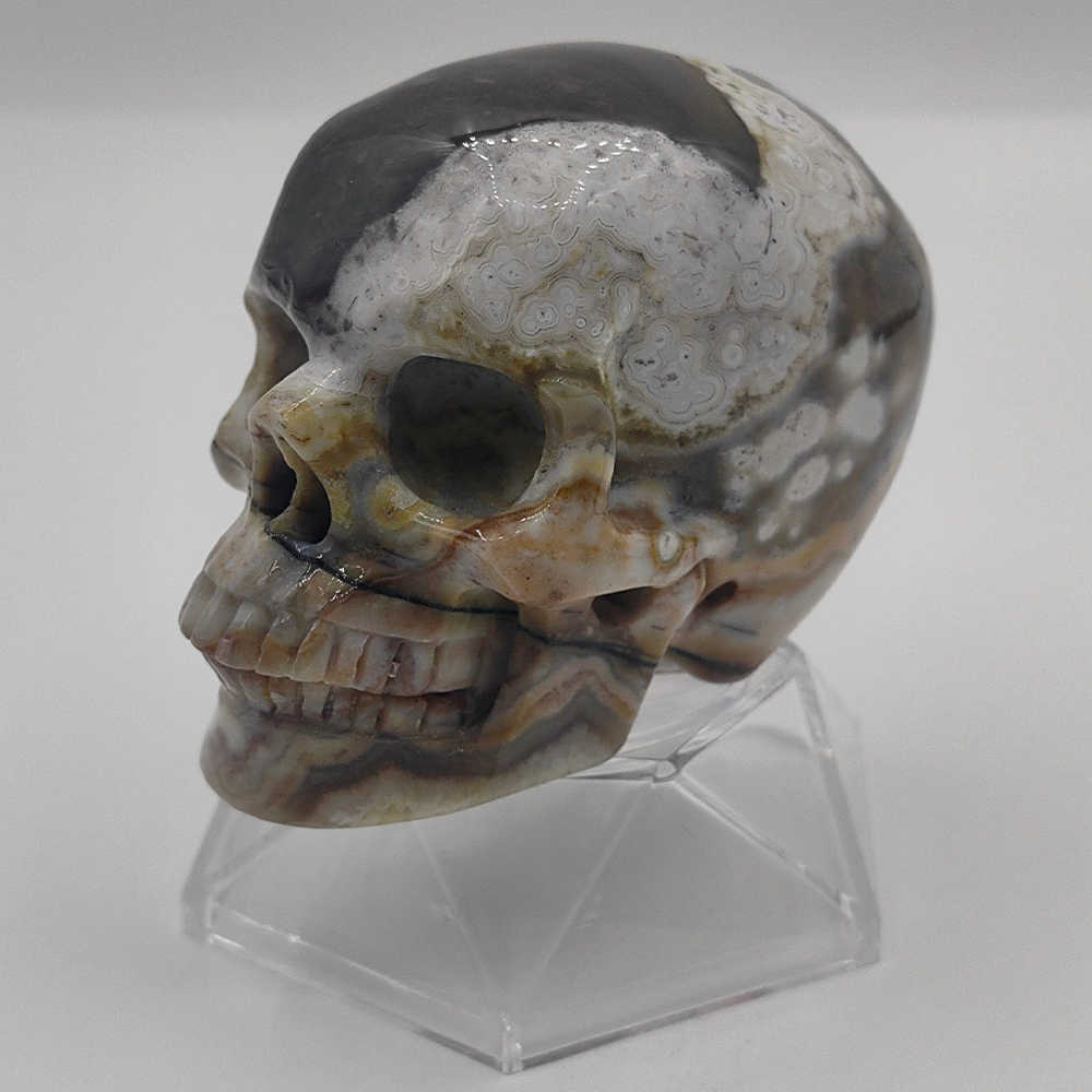 3 Zoll großer, handgeschnitzter Totenkopf aus rotem Crazy Lace Achat-Kristall – Naturstein