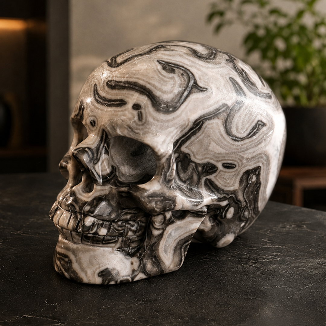 3 Inch Black Crazy Lace Agate Crystal Skull – Hand Carved Natural Stone