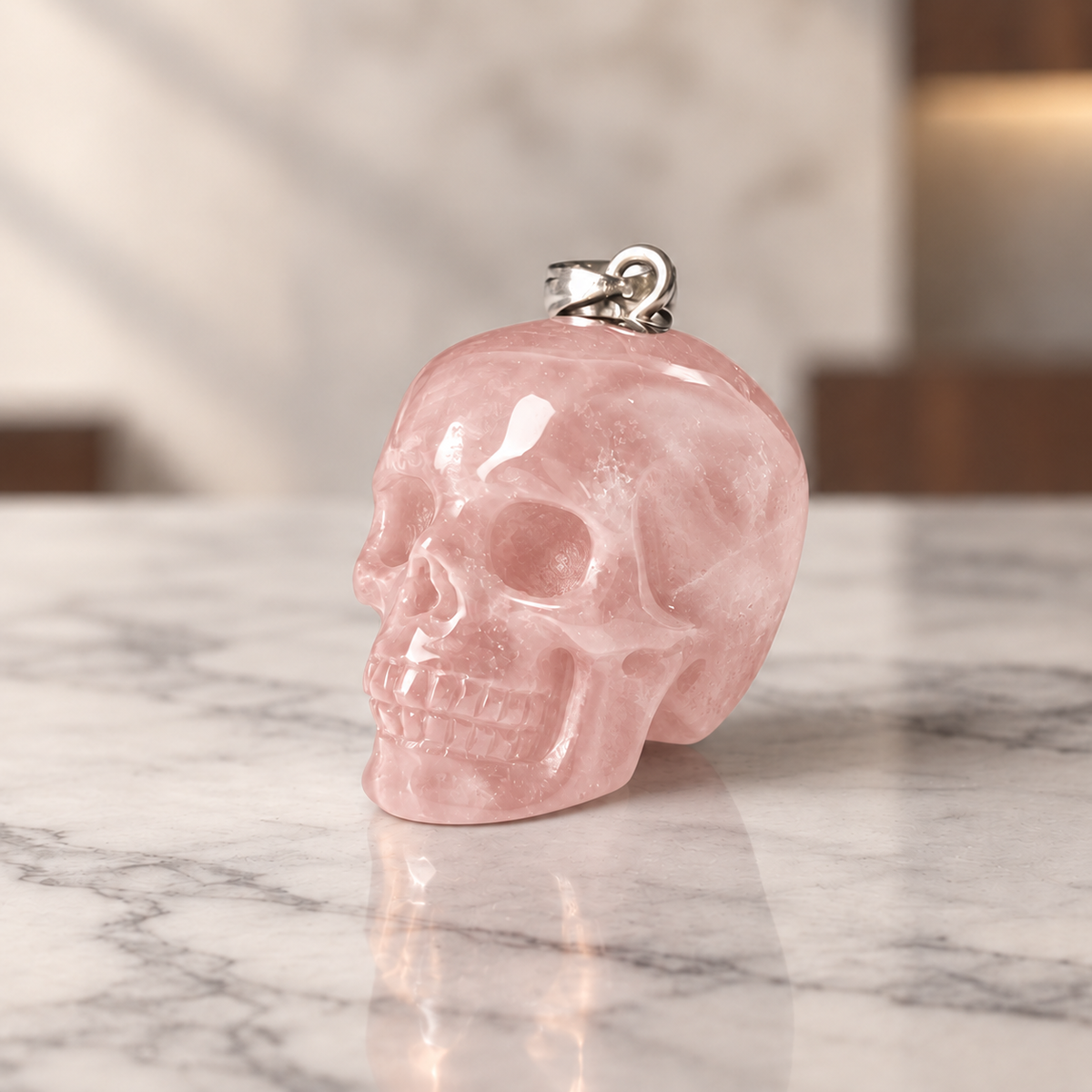 Rose Quartz Human Skull Pendant