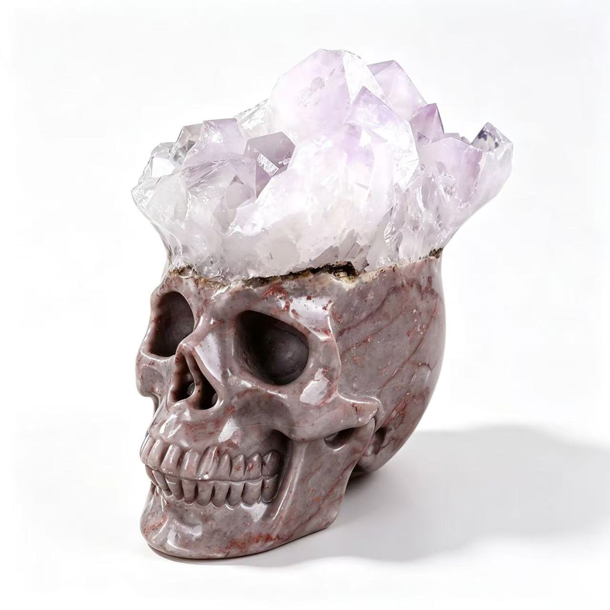‘Prismatic Peak’ - Pink Agate Skull with Raw Amethyst Points · Specimen No. 10