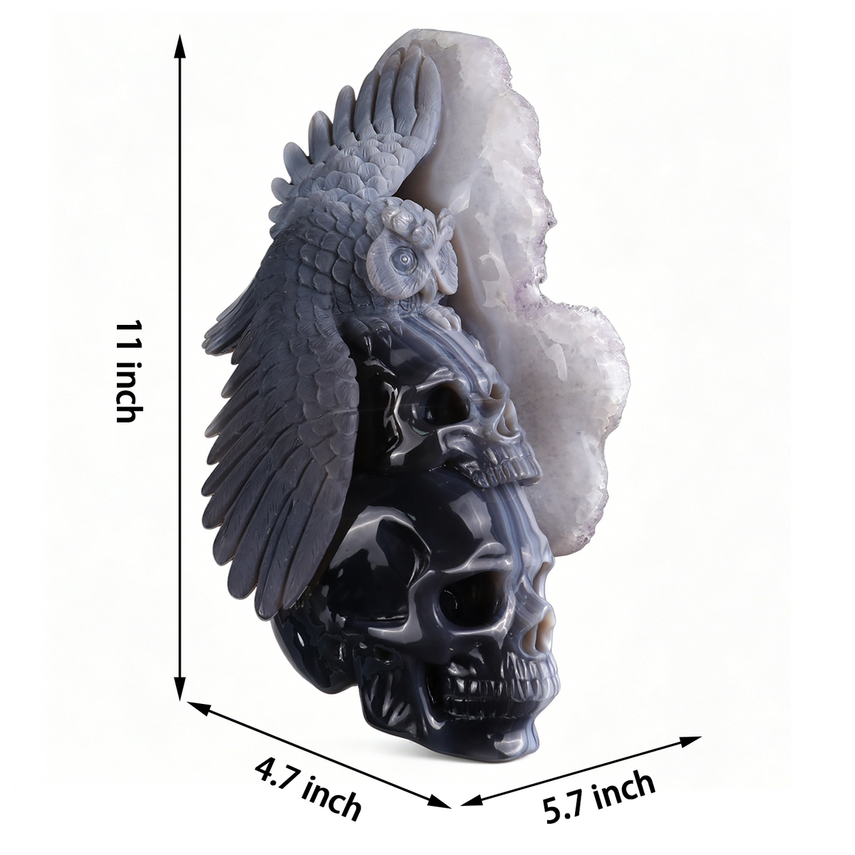 ‘The Owl of Minerva’ - Hand-Carved Agate Owl and Stacked Skulls on Amethyst Druzy Slab · Specimen No. 11