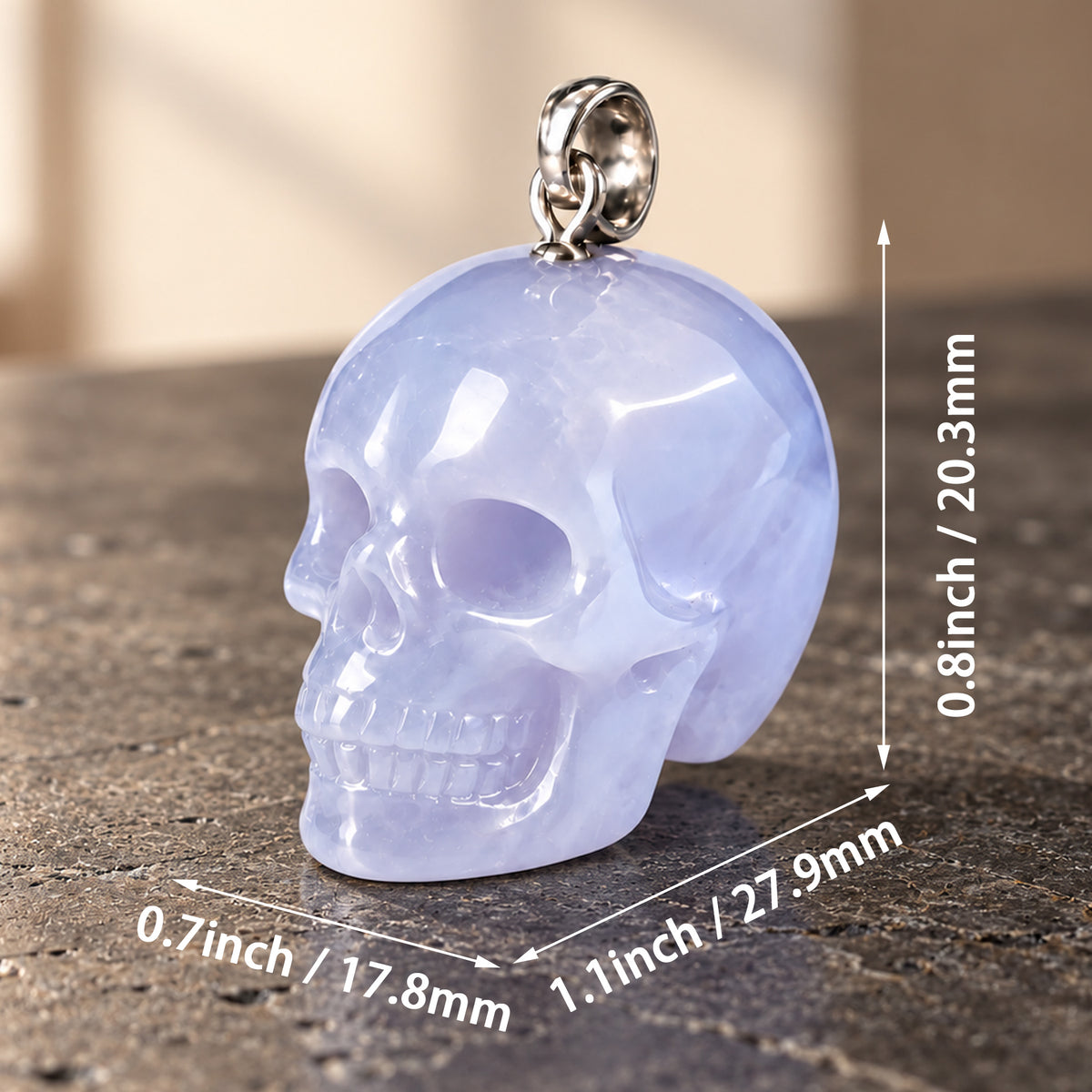 Blue Chalcedony Human Skull Pendant