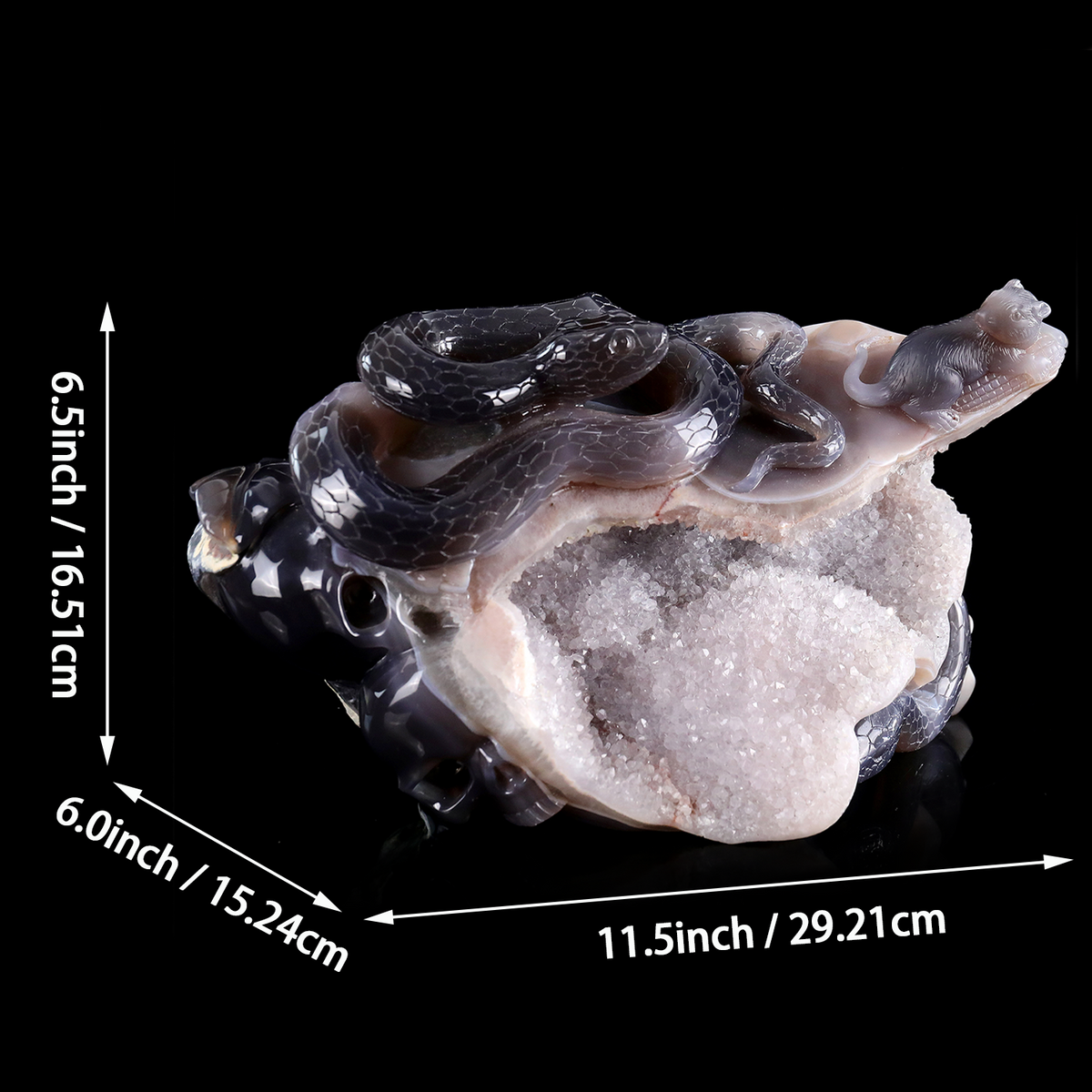 'The Silent Stare’ - Agate Serpent and Mouse on Quartz Geode · Specimen No. 21