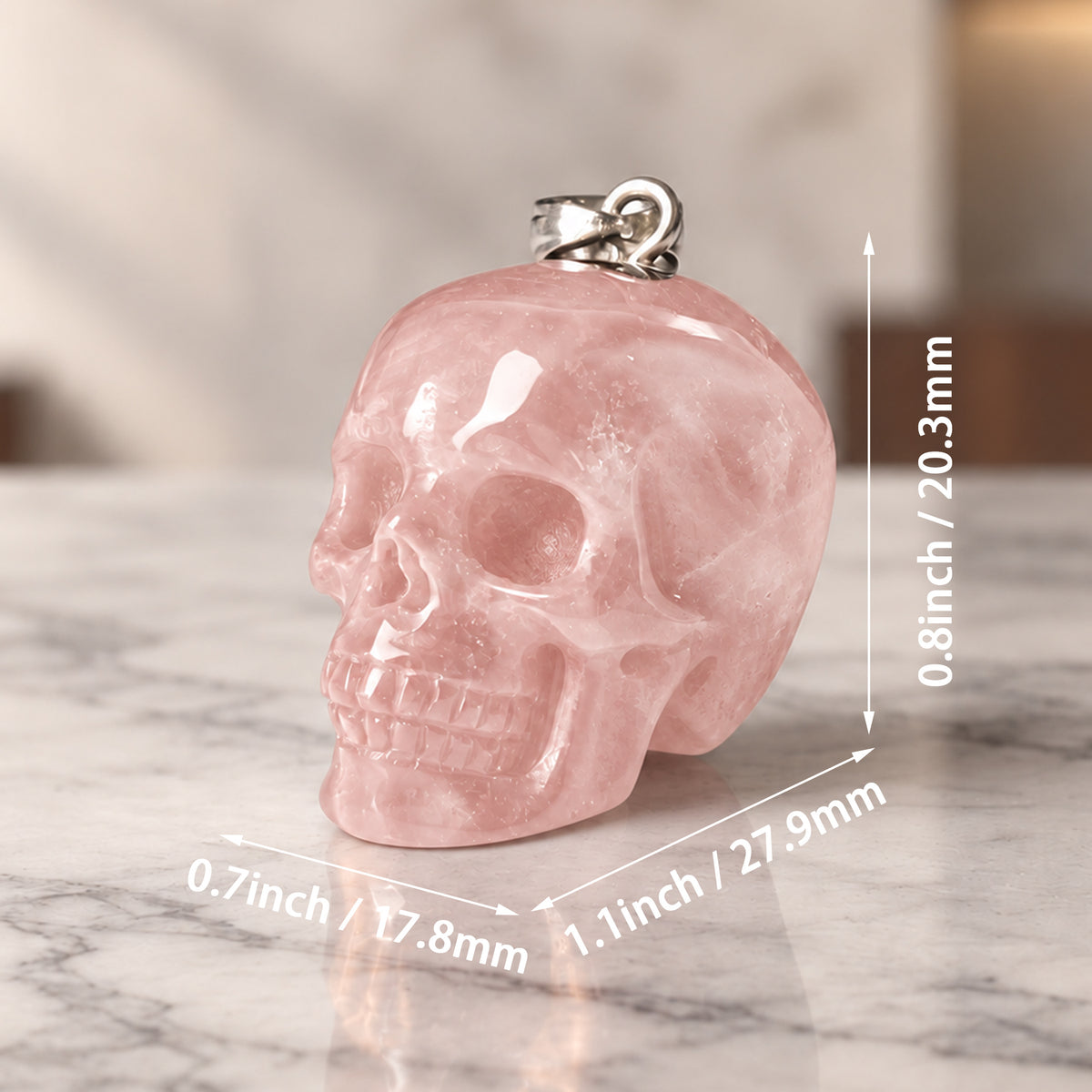 Rose Quartz Human Skull Pendant